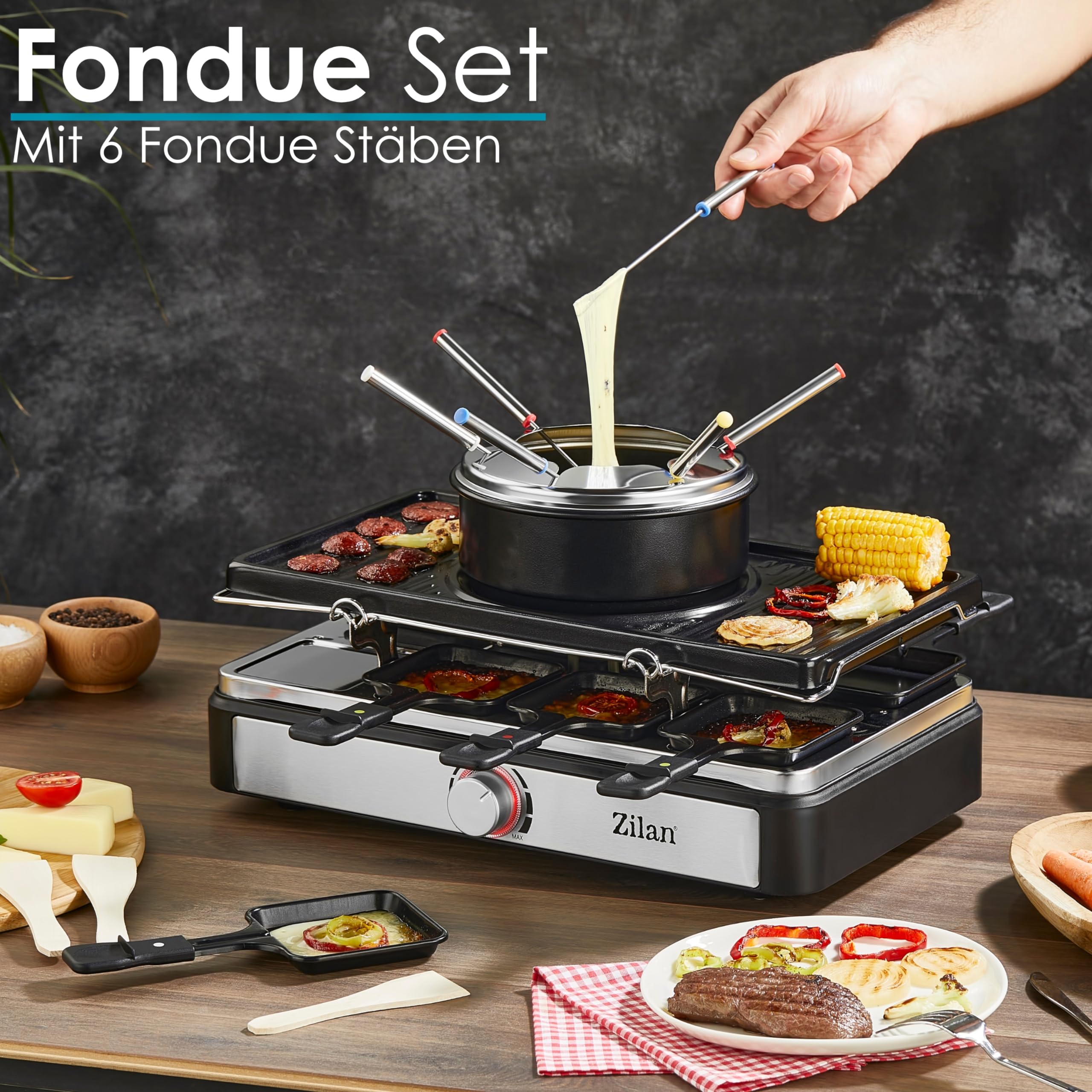 Raclette z Zestawem Do Fondue Elektryczny Grill Stołowy dla 8 Osób z Płytą z Kamienia Naturalnego
