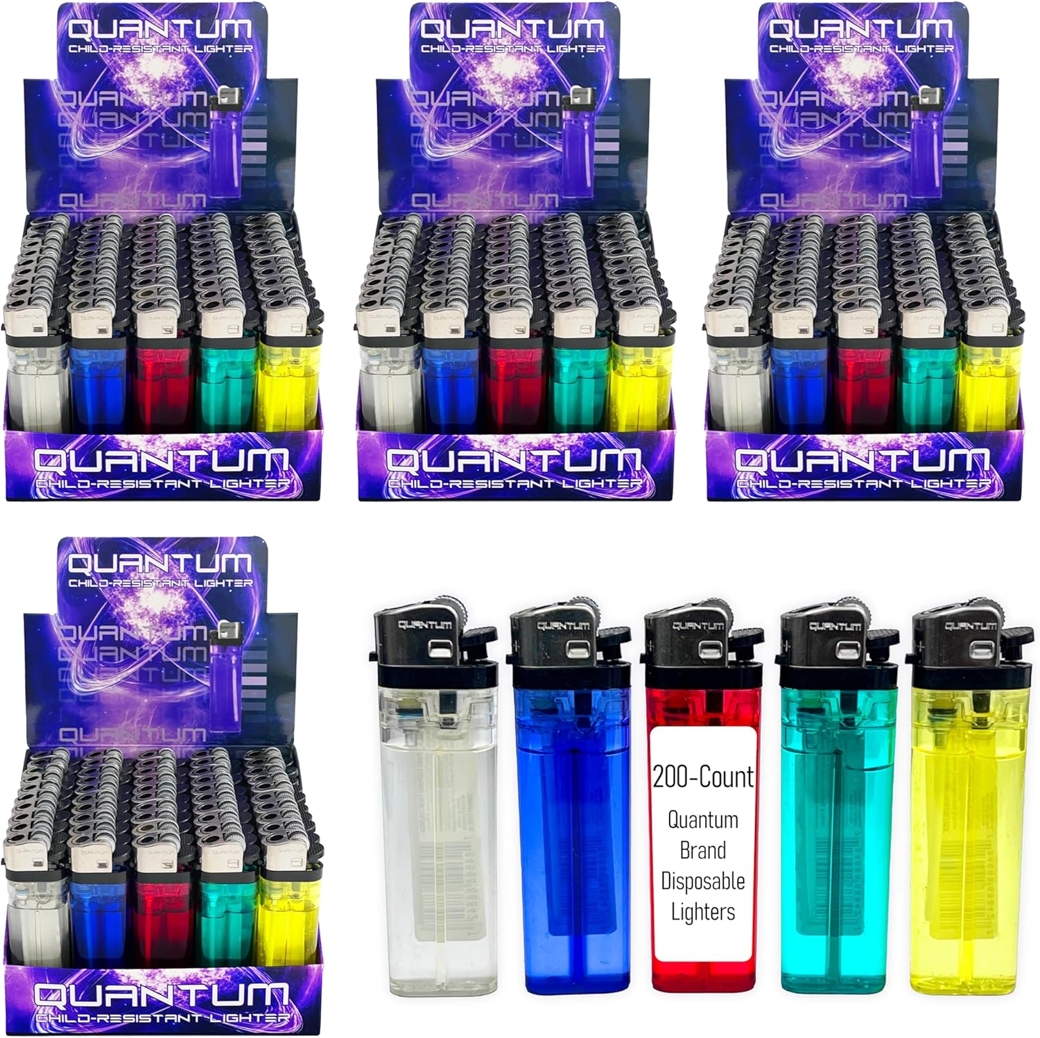 Quantum Child-Resistant Disposable Lighters, Assorted Colors (100). Bonus Free 5-Pack Included with Every 100pk Purchase. 105 Total Will be Included.