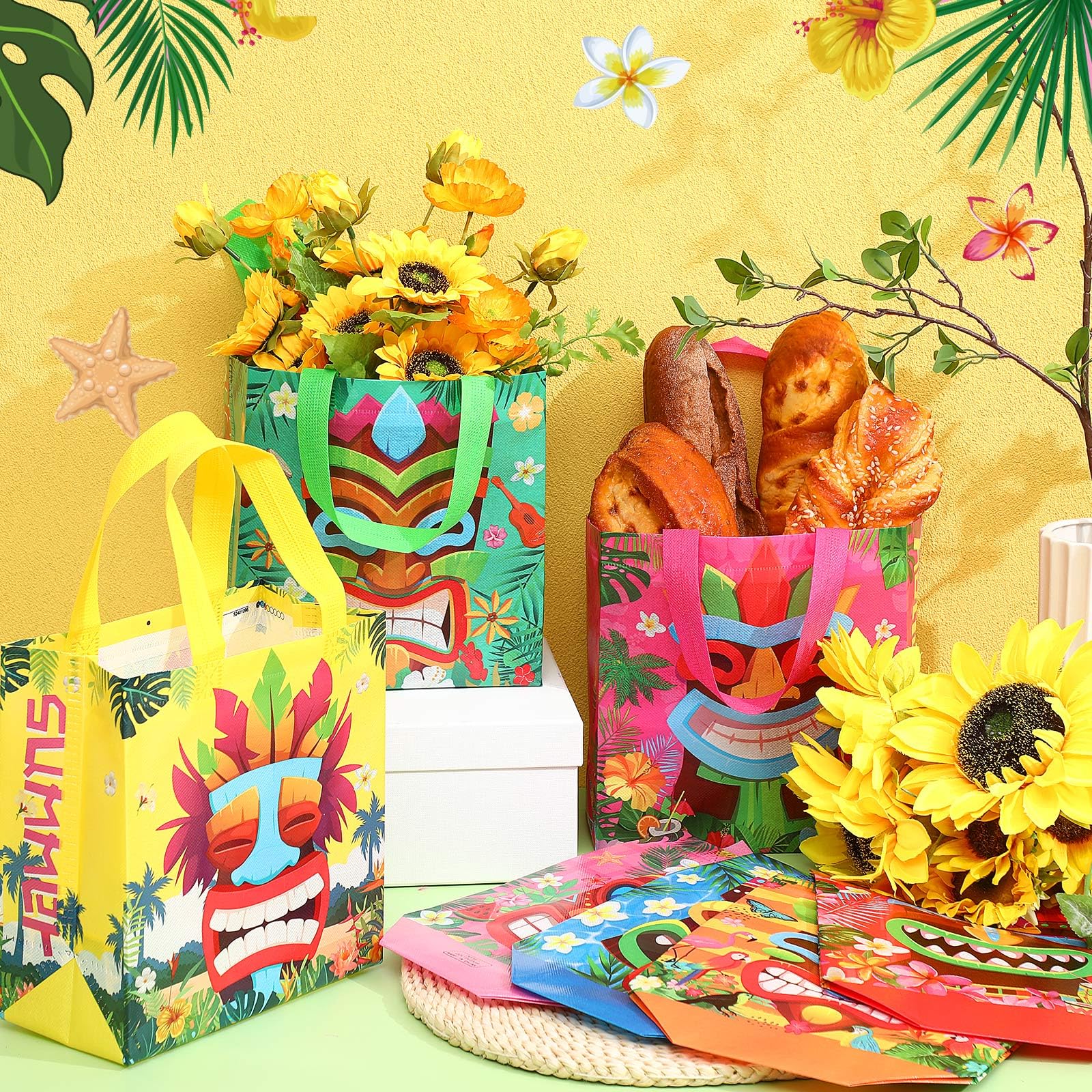 Riakrum Lot de 64 sacs cadeaux réutilisables non tissés avec poignées pour enfants, cadeaux de classe, échanges, cadeaux de fête, 22 x 23 x 10 cm