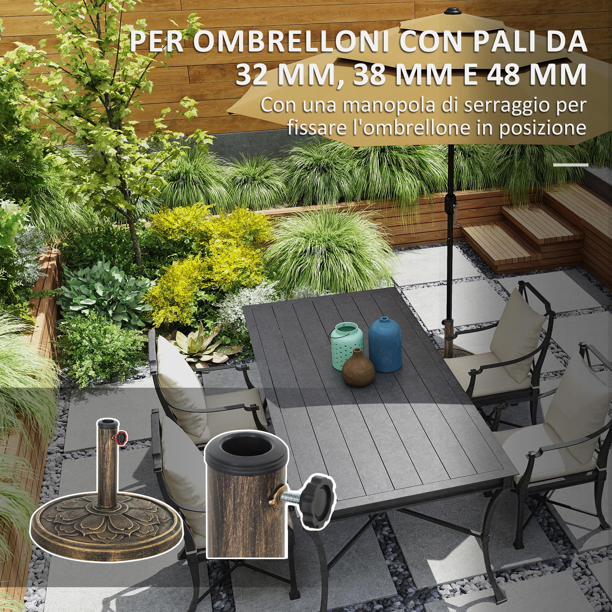 Outsunny Base per Ombrellone da 12 kg con Motivo di Fiore di Loto e Manovella Integrata, Basamento per Ombrellone in Resina, Metallo e Cemento, per Pali di Ombrelloni da Ø32/38/48 mm, Bronzo