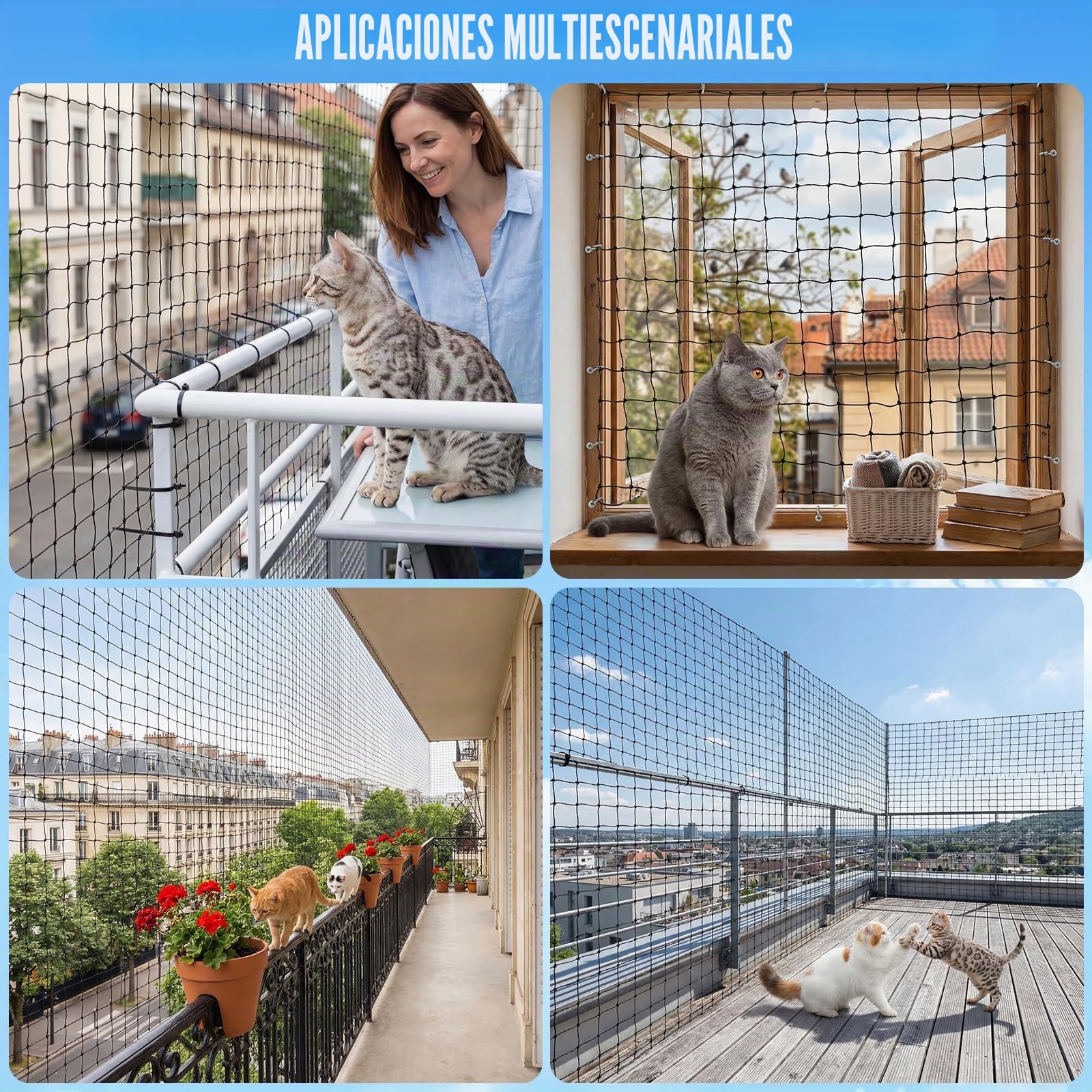 Red para Gatos de Balcón 3x2 m, Red de Seguridad para Gatos Reforzada con Alambre sin Taladrar, Red Protectora Negra para Balcón y Ventana, Resistente a Mordidas y Desgarros