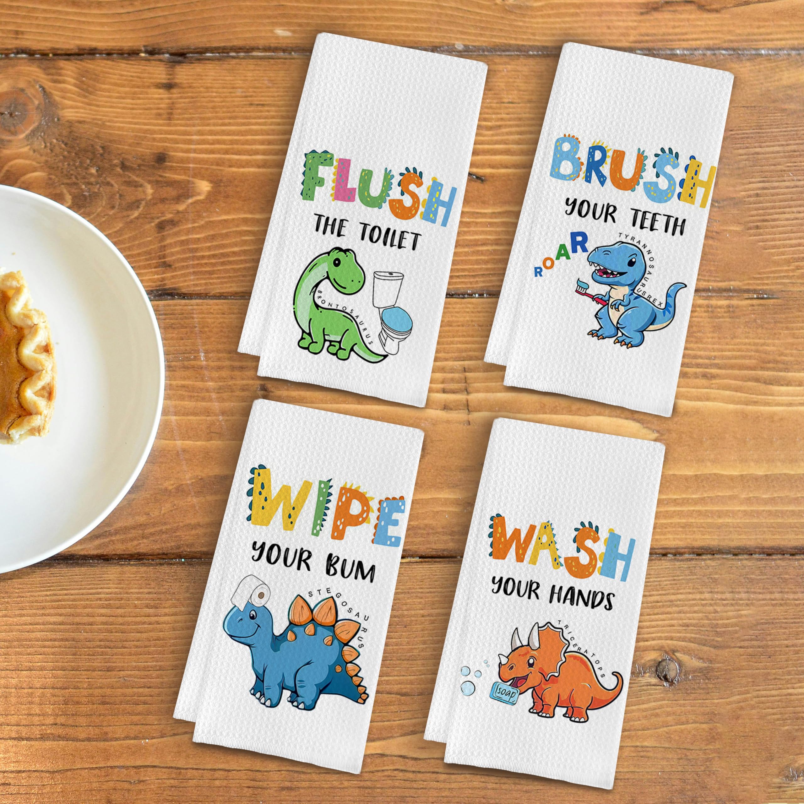 Decoración de baño para niños, juego de 4 toallas de mano de dinosaurio para niños, toallas de mano para niños, toallas de mano para baño, decoración de baño para niños y niñas, lavado con