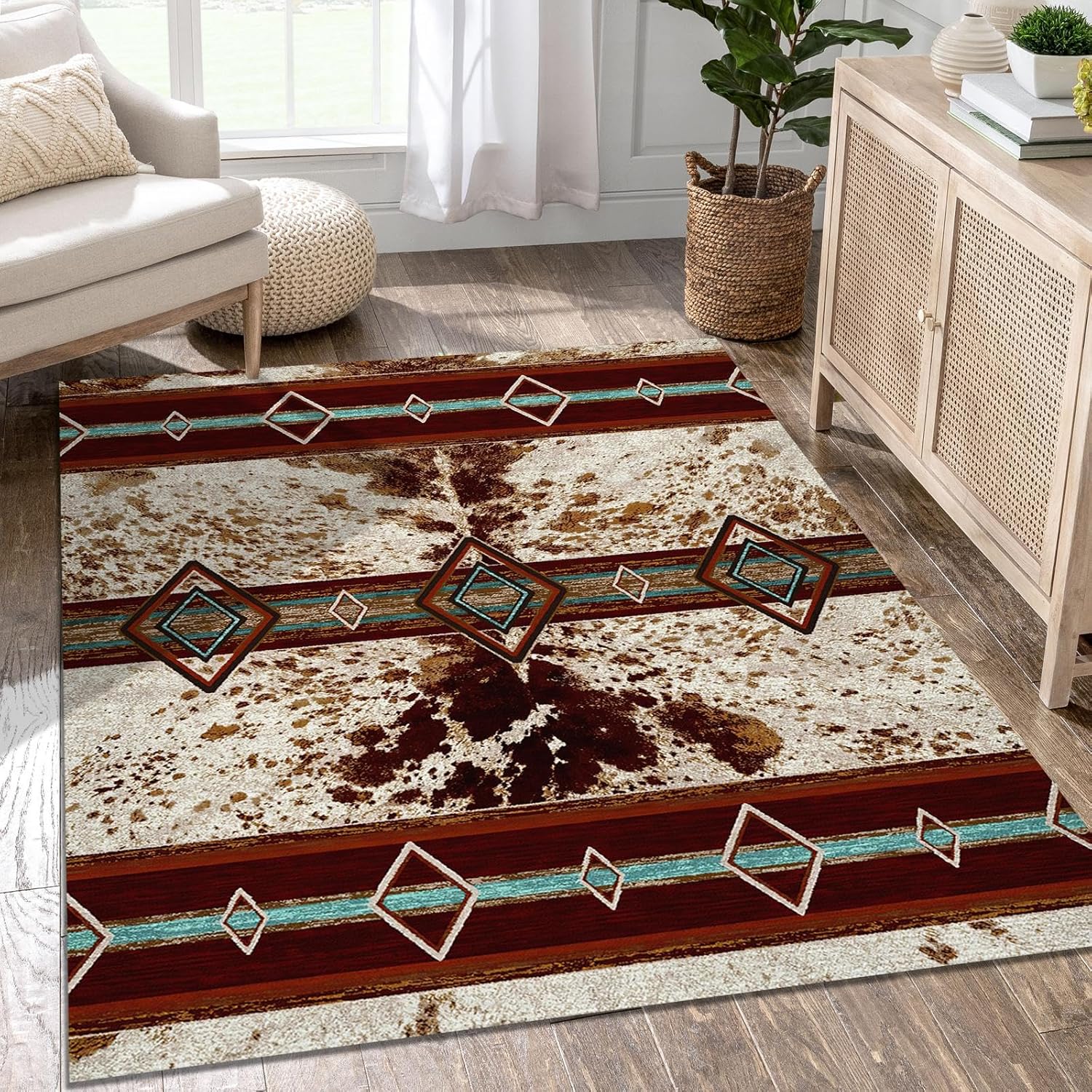 Combo Southwest Faux Cowhide Area Rug and 4 Pcs Non-Slip Rug Tape for Living Room, Bedroom, Southwestern Area Rugs, Native American Rug, Geometric Western Rugs, Aztec Tribal Rugs Home Decor 3x5 ft