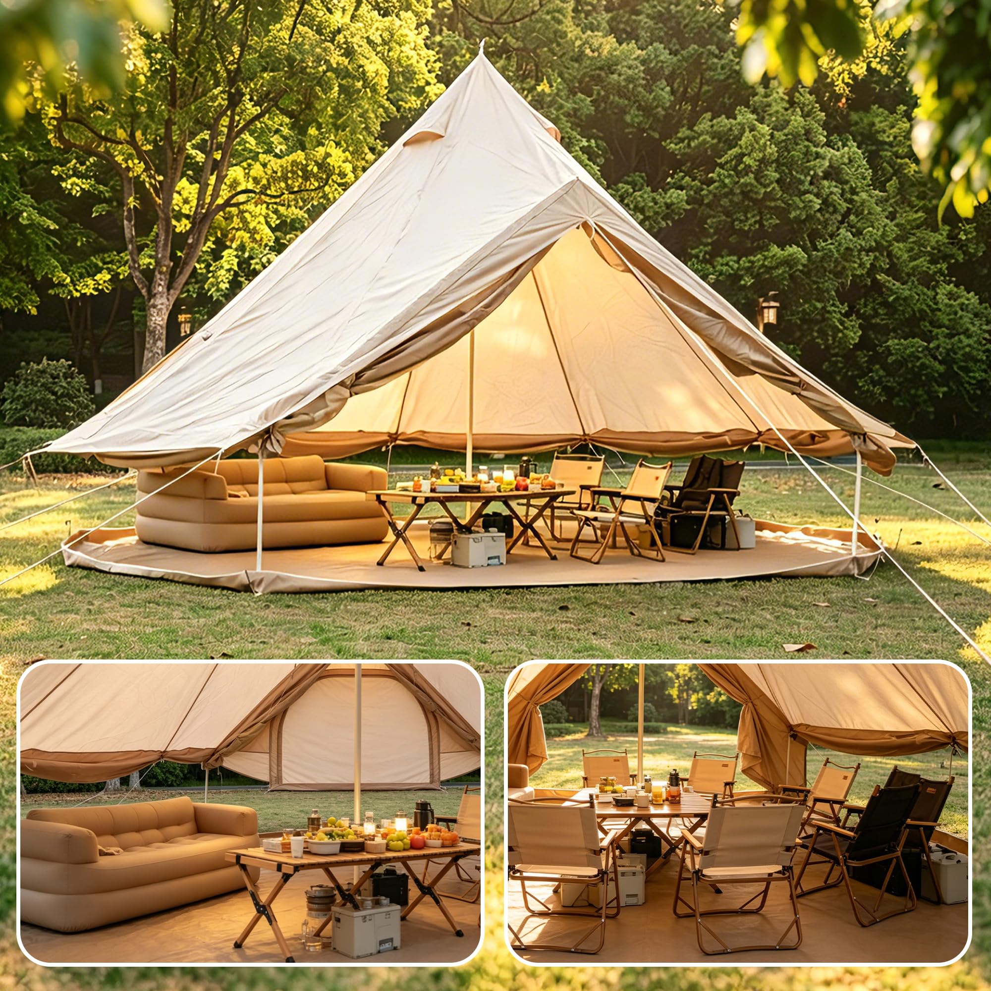 DHHU Tente de Camping Familiale 4 Saisons, Yourte 13.1ft avec Conduit de Poêle, Grande Tente Glamping pour 4 à 8 Personnes, Abri en Oxford Beige imperméable et Respirant