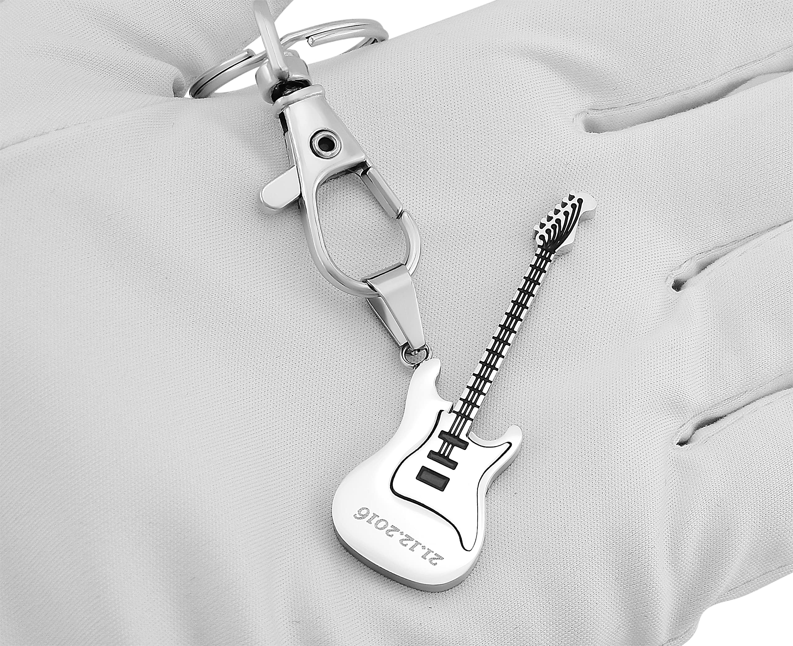 Schlüsselanhänger personalisiert E-Gitarre für Musiker | Schlüsselanhänger mit Gravur Edelstahl silber | Personalisierte Geschenke für Mama Papa | Schlüssel Anhänger Text Name Datum