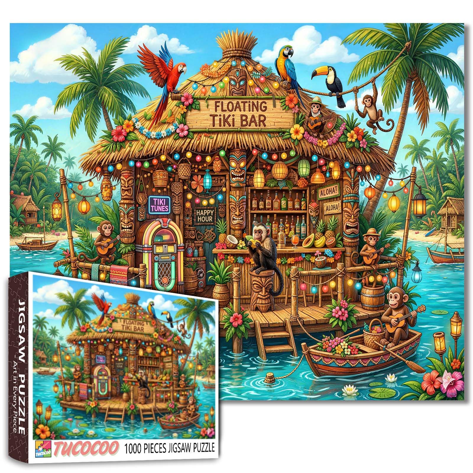 Tropical Paradise Jigsaw Puzzles 1000 Pieces Coastal Summer Art Jigsaw Puzzles for Challenging Family Games Hawaii Wine Bar DIY Handwork Puzzle for Home Wall Decor Gifts 19.7"x27.6"