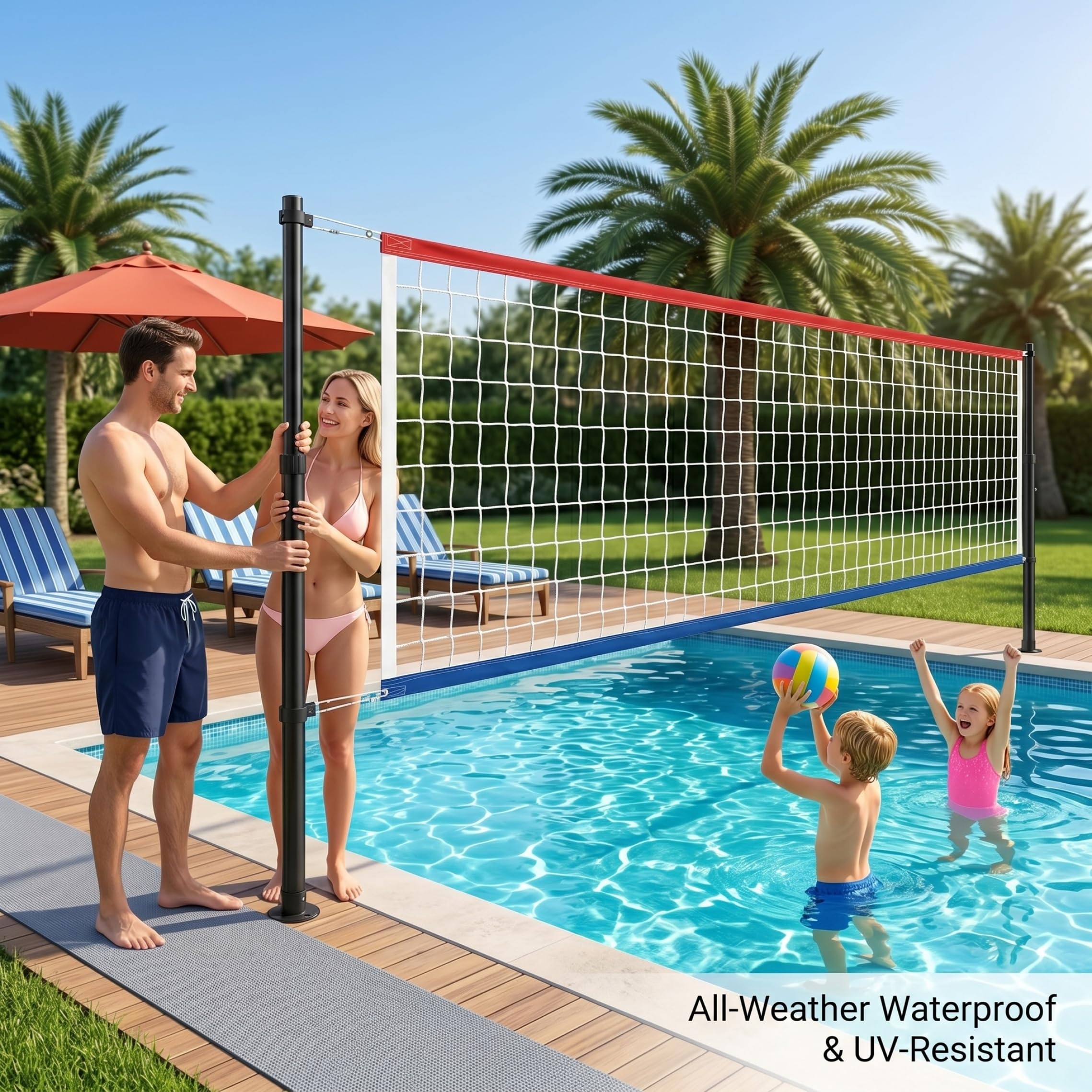 Filet de Volley-Ball pour Piscine réglable 15 à 28 Pieds, imperméable Toutes Saisons, Cadre Ultra-épais