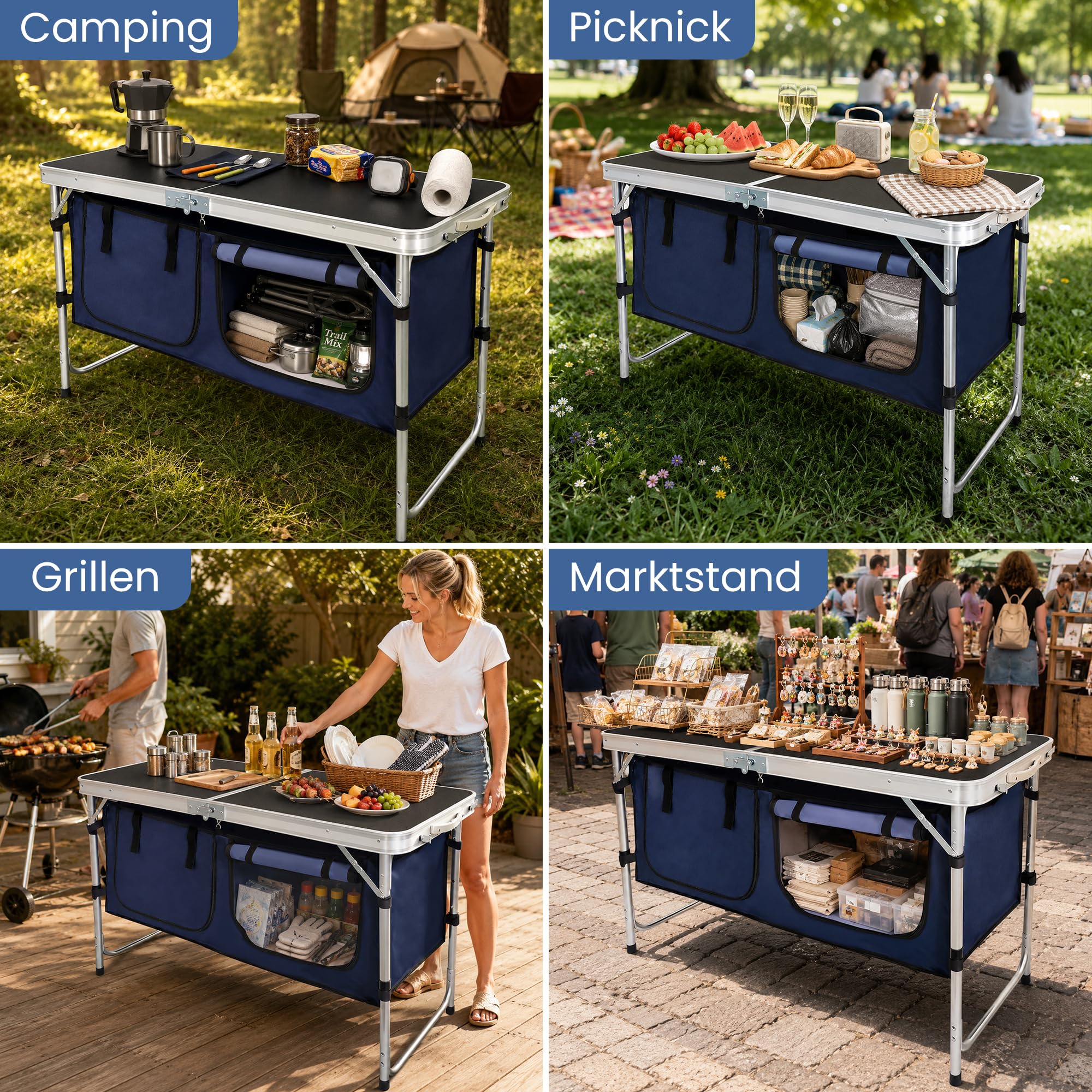 Campingküche faltbar, Leicht Campingschrank mit Aluminiumgestell und Staufach Tragetasche, Camping Küche Küchenbox Zeltschrank, Reiseküche für Outdoor Camping