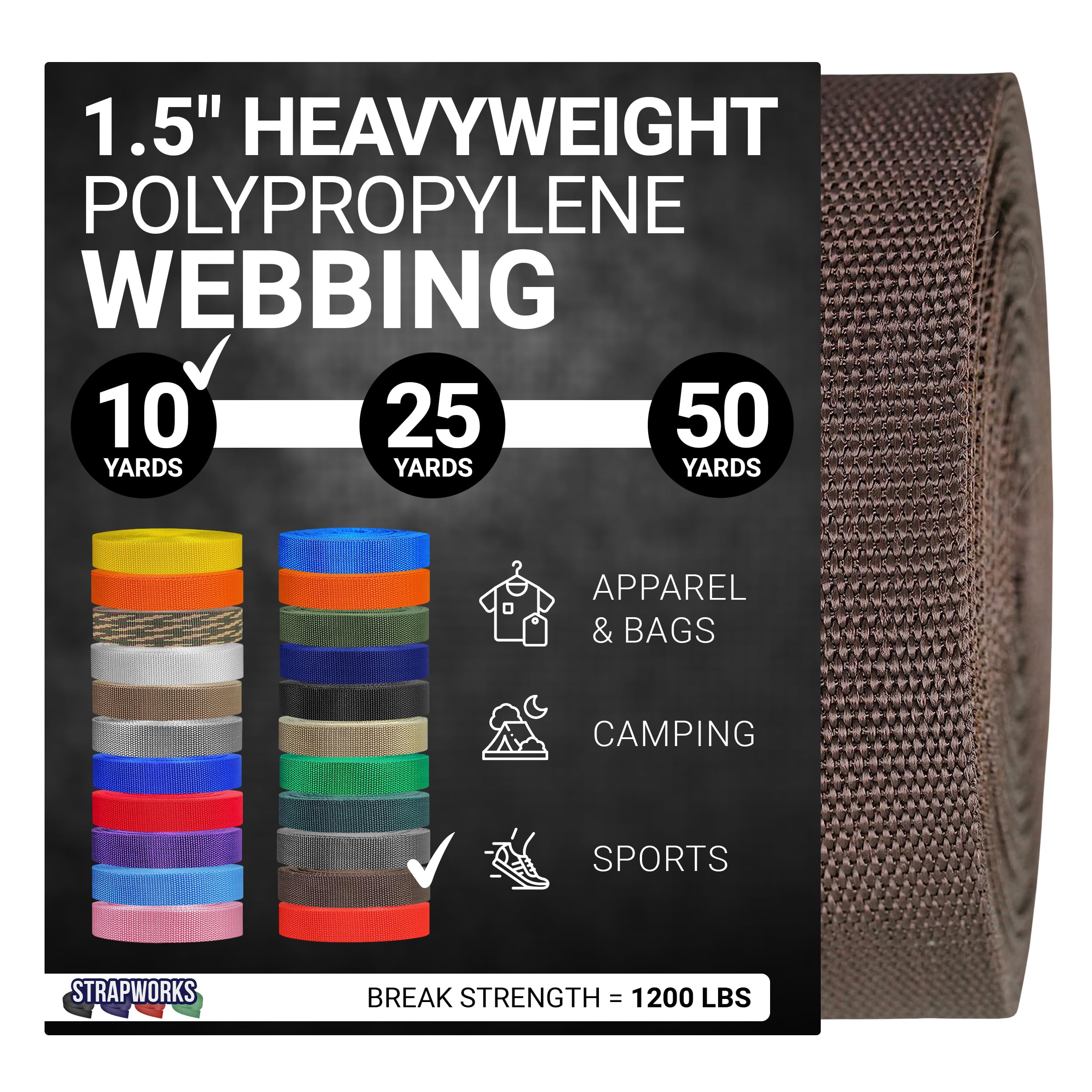 Strapworks Heavyweight Polypropylene Webbing - Heavy Duty Poly Strapping for Outdoor DIY Gear Repair, 1.5 Inch x 10 Yards, Brown