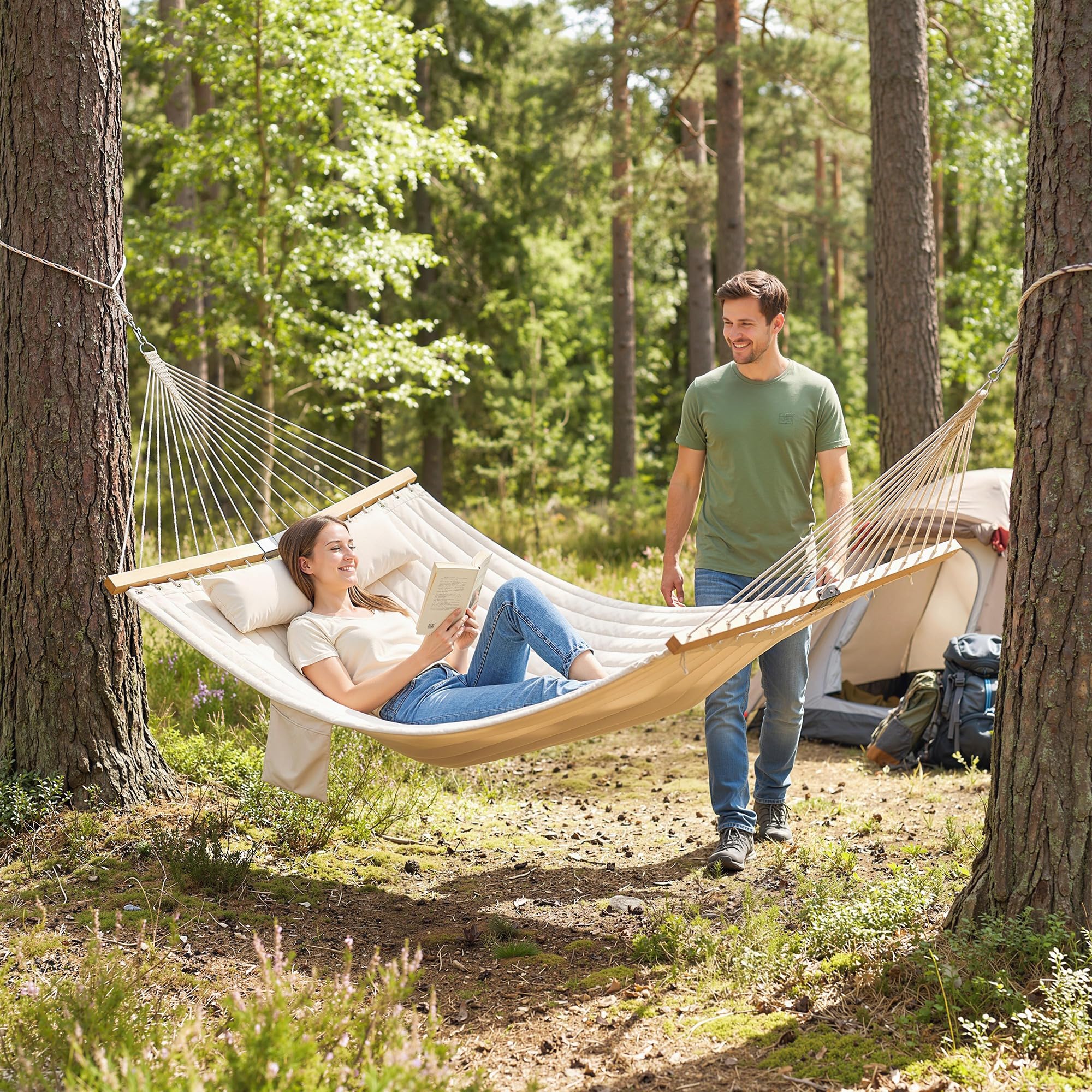 Outsunny Hamak 200x140cm podwójny z podgłówkiem kremowobiały