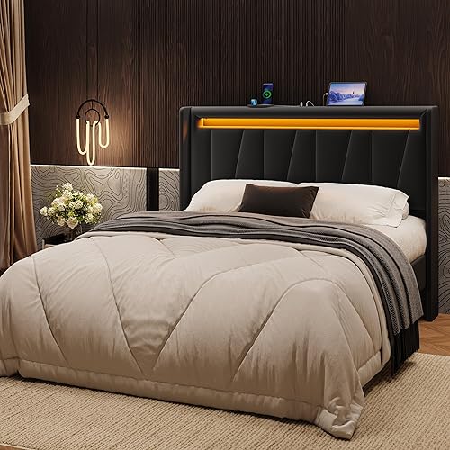 Miniatura 14 de SHA CERLIN Base de cama de tamaño matrimonial con estación de carga y luces LED, cama moderna de plataforma de terciopelo con cabecera tapizada