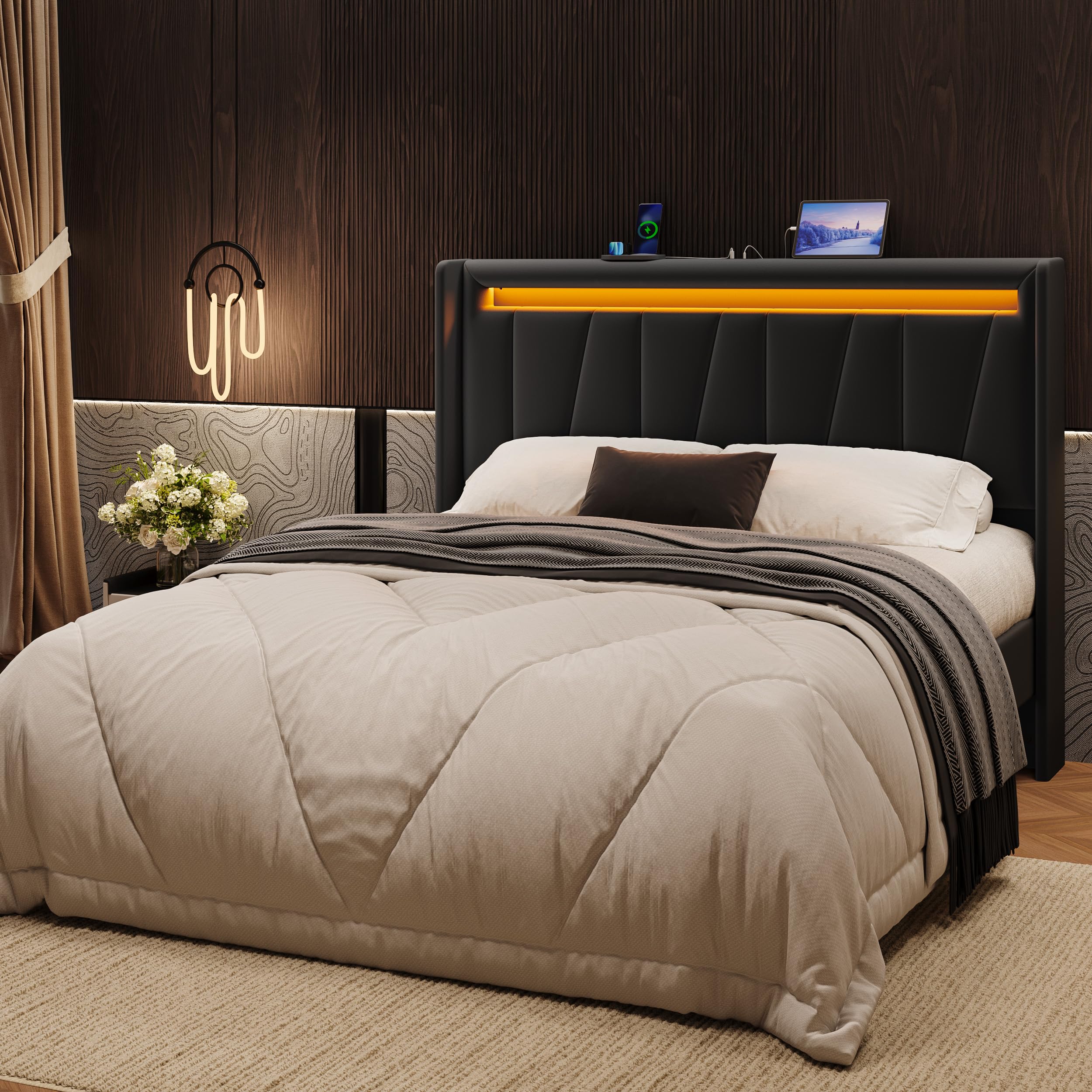 SHA CERLIN Queen Bed Frame with Charging Station and LED Lights, Modern Velvet Platform Bed with Upholstered Geometric Wingback Headboard, No Box Spring Needed, Easy Assembly, Black