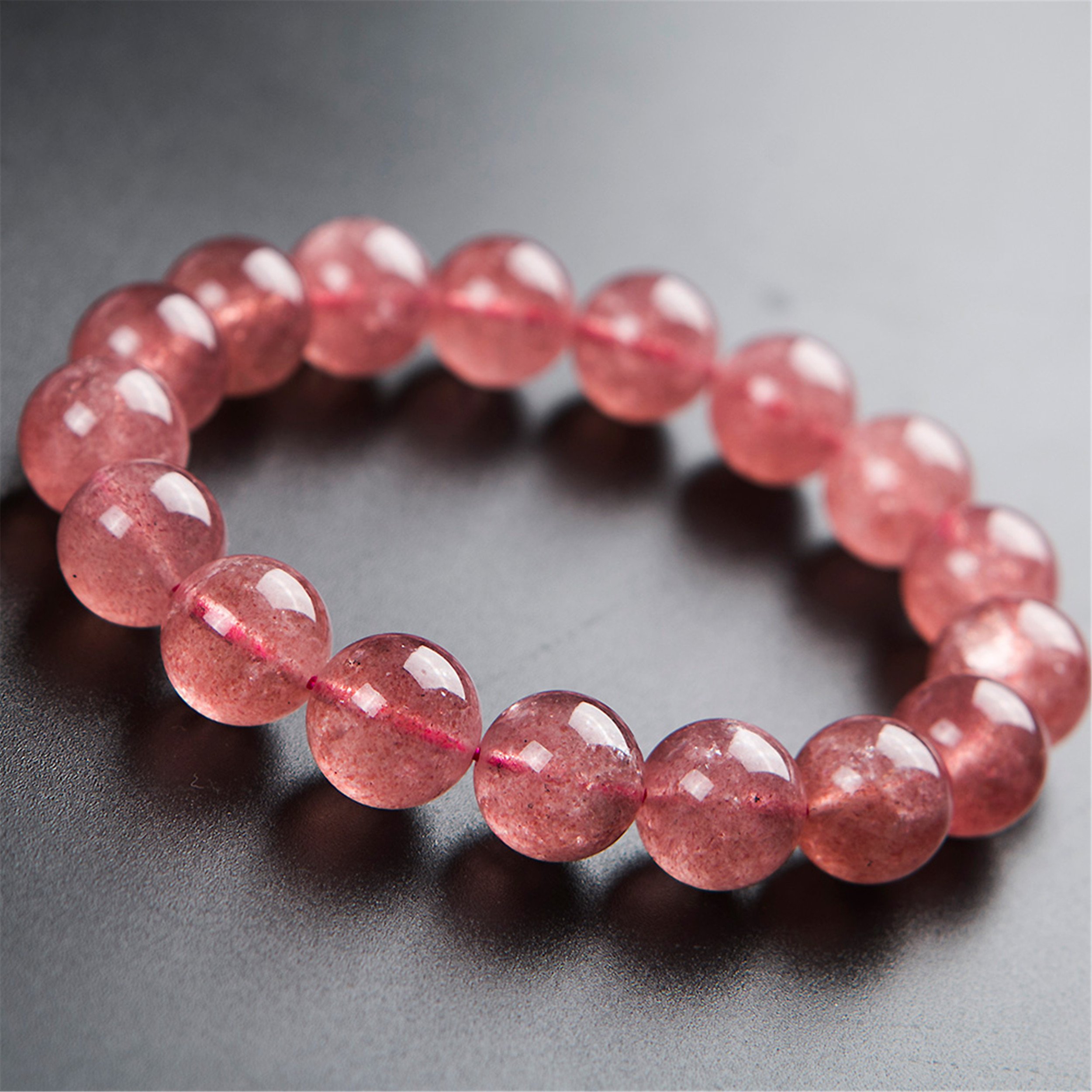 Braccialetti for Donne,Bracciale con Perline,Autentico Quarzo Fragola Naturale Gemma di Cristallo Elasticizzato Bracciale con Perline Rotonde 12mm