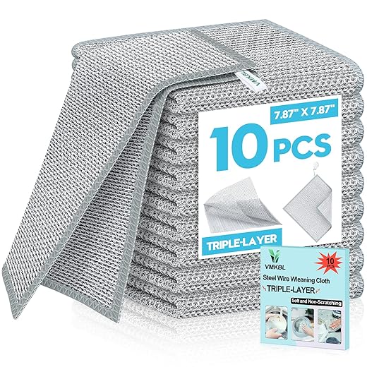 10 Pcs New Upgraded 3 Layers Non Scratch Wire Dishcloth, Multipurpose Wire Dishwashing Rags, Wet & Dry for Cookware, Sinks, Dishes, Stoves & Fireplaces (7.87 x 7.87-10pcs)