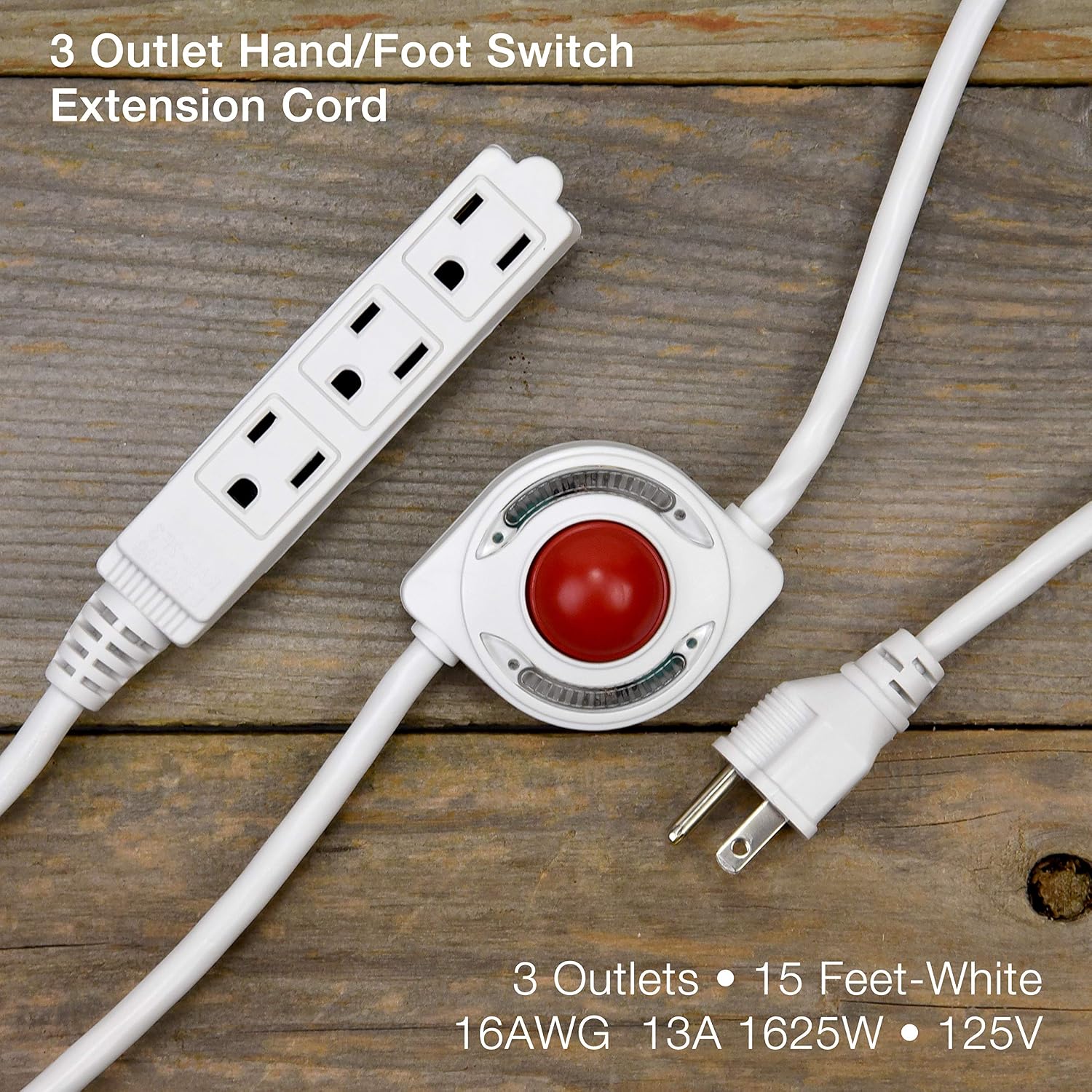 VALUE PACK!! Electes 15 Feet 3 Grounded Outlets Extension Cord with Foot Switch and Light Indicator, 16/3, White - UL Listed {3 PACK}