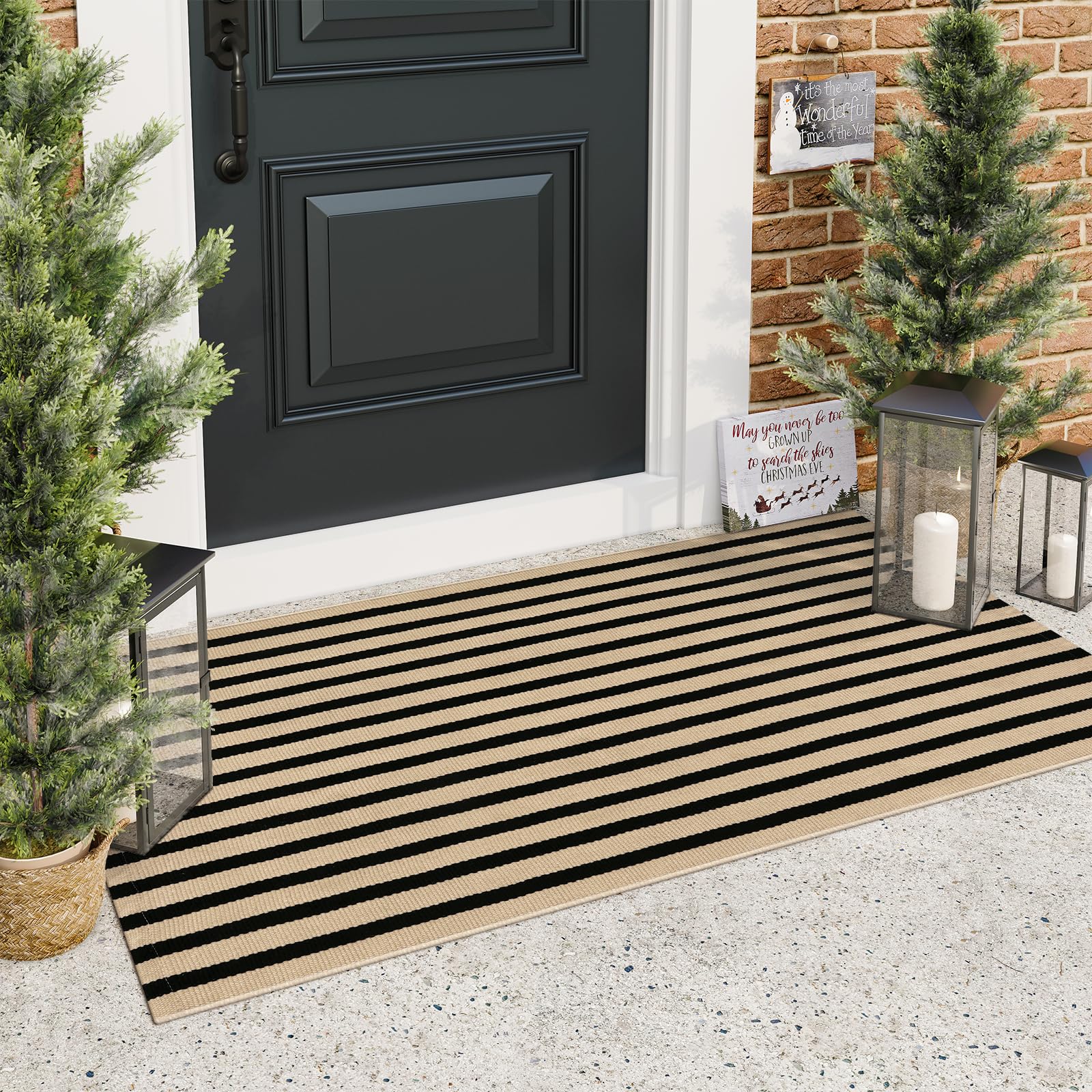 Black and Tan Outdoor Rug, 2x4.3 Striped Front Door Rug Cotton Hand-Woven Reversible Entryway Rugs Welcome Layered Doormat Porch Rugs for Entrance