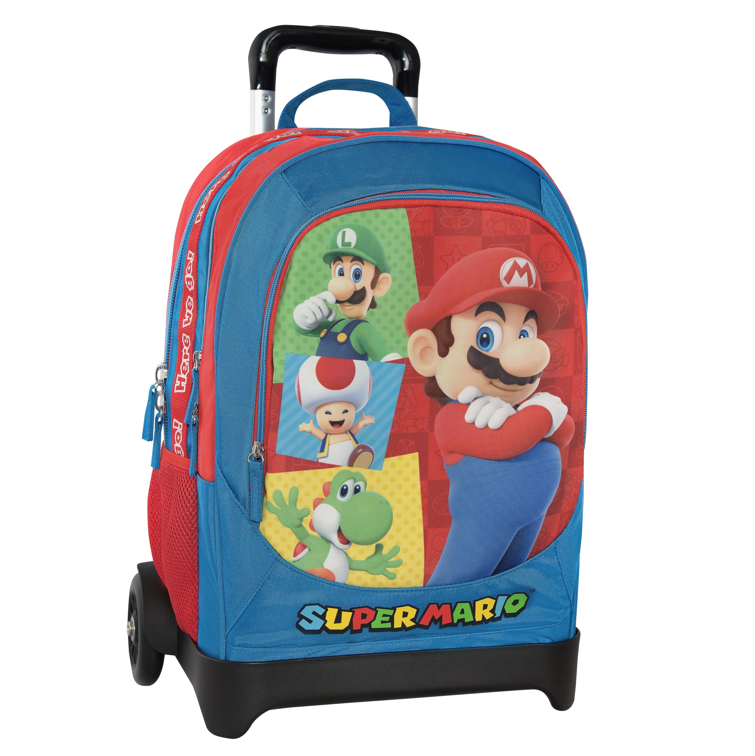 Franco Cosimo Panini Blau Super Mario Schulrucksack Mit Trolley, Offizielles Super Mario Design, Abnehmbare Trolley-Struktur, Austauschbare Räder, Verstellbarer Griff, 2 Hauptfächer, Fronttasche, Gepolsterte Schultergurte, 34