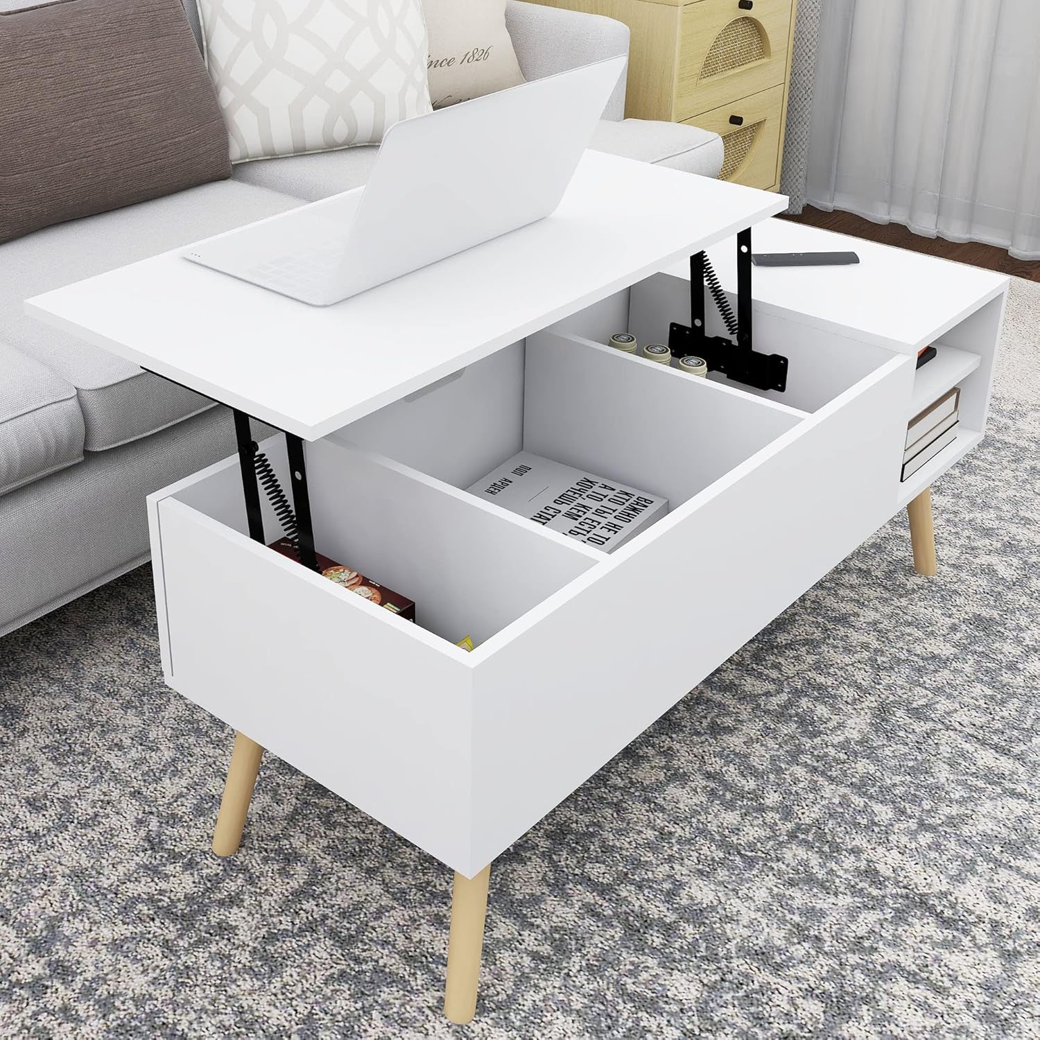 HIUU White Coffee Table with Lift Top,Modern Coffee Table