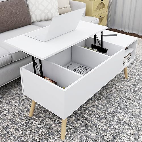 HIUU Mesa de centro blanca con parte superior elevadora mesa de centro moderna con almacenamiento para sala de estar mesa central para sala de estar