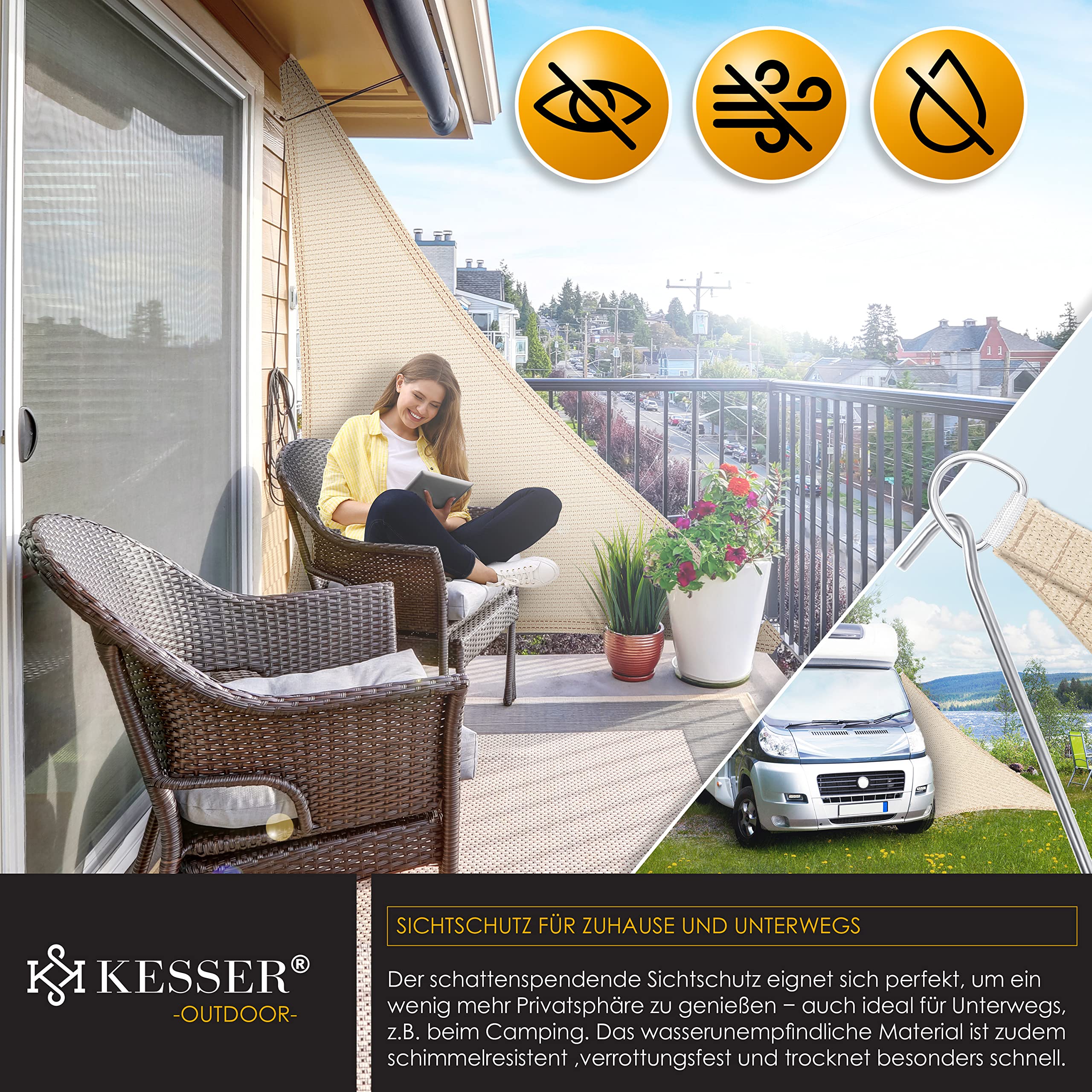 KESSER® Sonnensegel Sonnenschutz Windschutz | HDPE Gewebe | wasserabweisend & windabweisend | Dreieck 5x5x5m | 5-Fach quer vernäht robust & stabil Schattenspender Garten Balkon Terrasse Creme