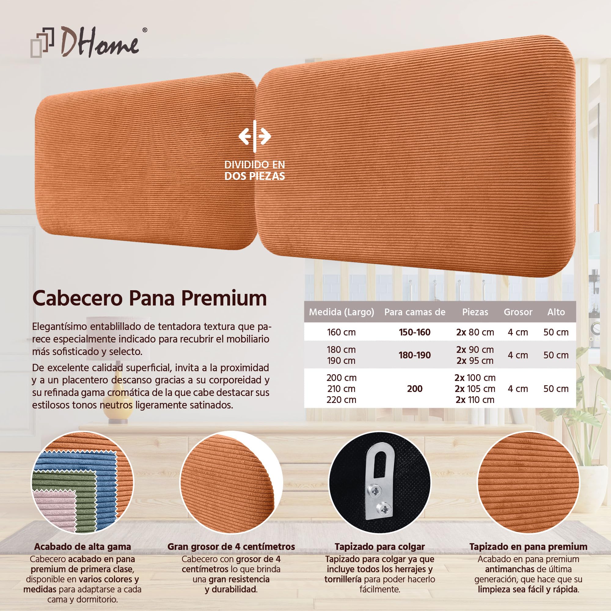 DHOME Gepolstertes Kopfteil Glatt Abgerundet Premium-Cord für Wand Akustische Kopfteile Schallabsorbierend Kopfstütze Bett Schlafzimmer (Orange, 180cm Dual)