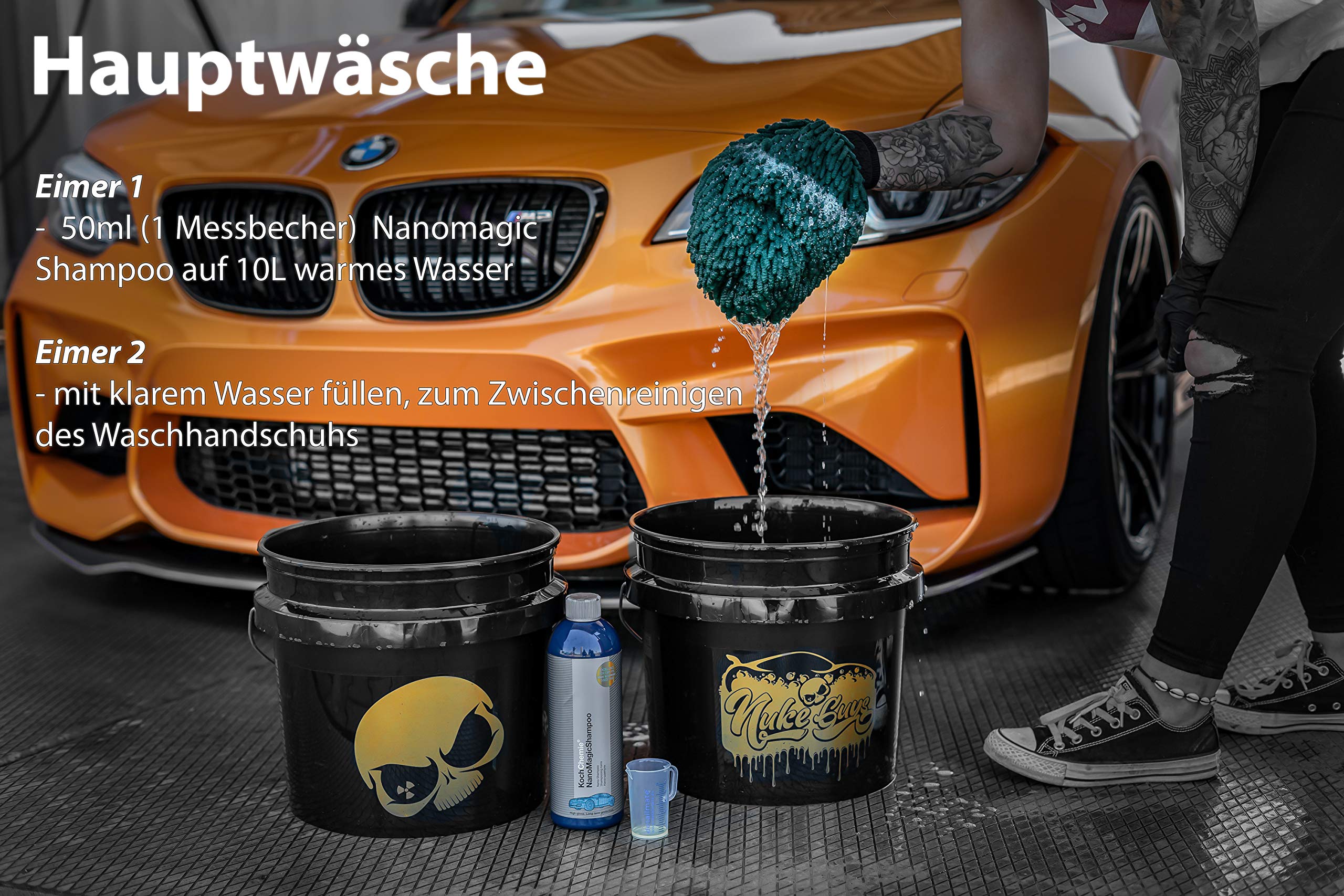 detailmate Set prelavaggio ValetPro con schiuma pH neutro, applicatore Kwazar 2L, lavaggio principale: shampoo KochChemie Nano Magic 750ml, secchio Gritguard 20L, inserto per sporco, guanto lavaggio
