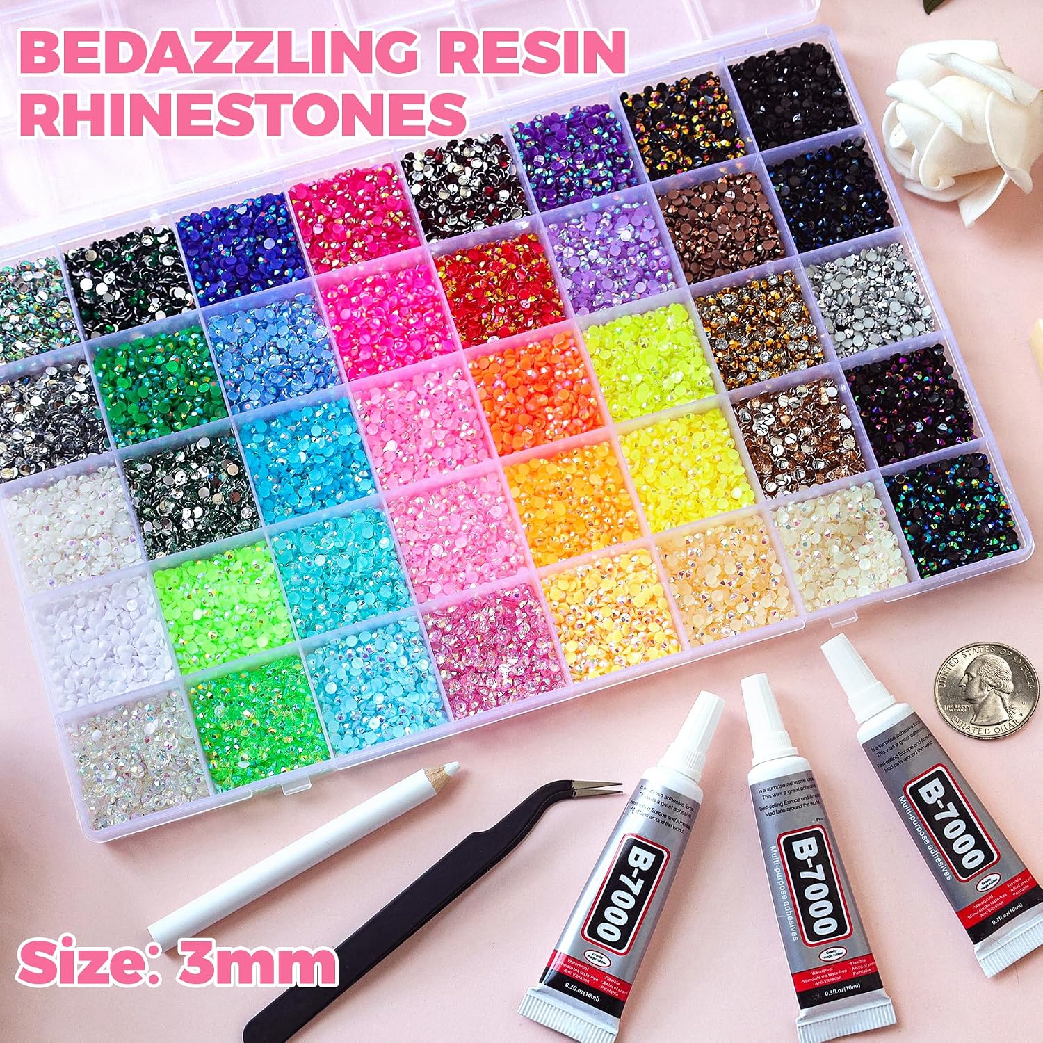 50000Pcs 40 Colors Jelly Rhinestones for Bedazzling, Multicolor 3mm Resin Flatback Gems for Diamond Art, Bedazzler Kit with 3Pcs B7000 Jewelry Glue for Bedazzled DIY Crafting Shoes Nail Book