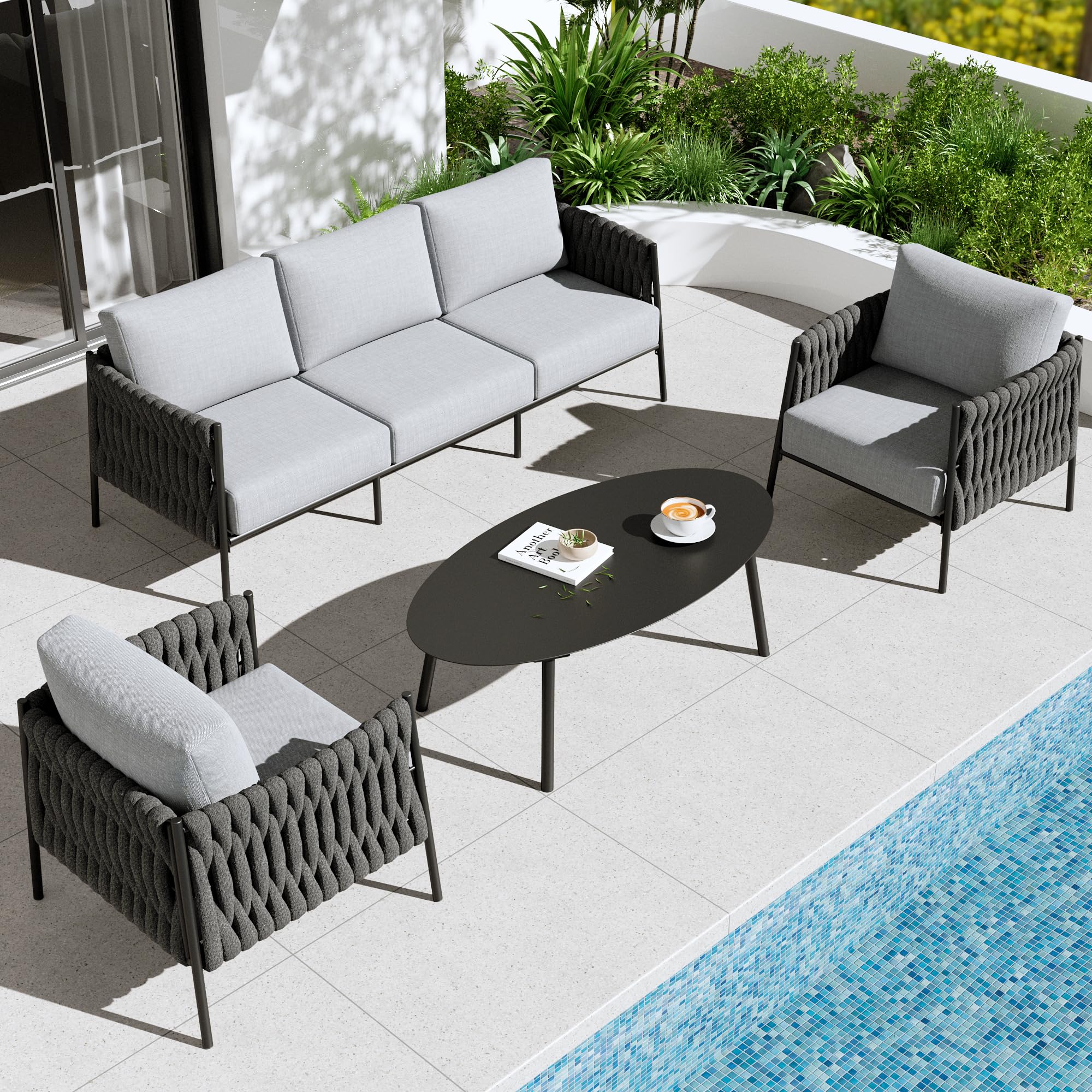 Vakollia 4 Pieces Patio Woven Rope Furniture Set, All-Weather Modern Outdoor Conversation Chat Chairs Set with Coffee Table Balcony, Porch, Deck