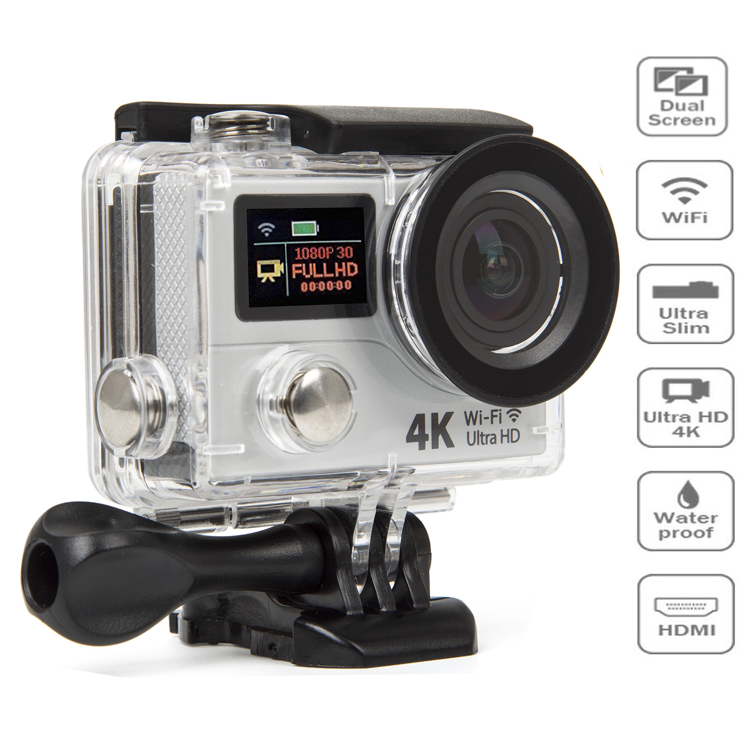 Action Camera 4K Ultra HD 12MP WIFI Sport Cam Waterproof Underwater 30M, Dual 2.0” LCD Screens, 170° Wide Angle Lens - 18 Accessories Kits