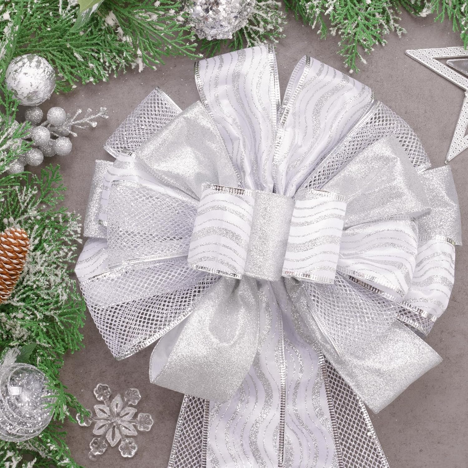 Christmas Tree Topper, 32x12 Inches Large Toppers Bow with Glitter Satin Mesh Streamer, Silve Christmas Tree Topper for Christmas Home Decoration (Silver) - Image 6
