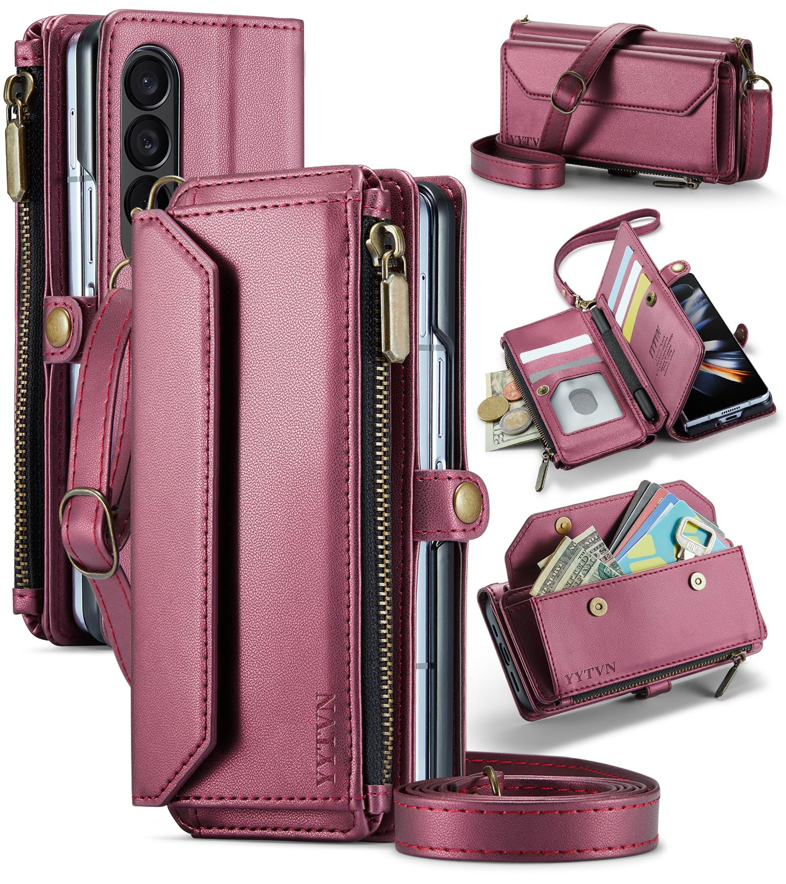 YYTVN for Samsung Galaxy Z Fold 4 Wallet Case with Zipper Card Holder & Crossbody Lanyard Strap & Wrist Strap, RFID Blocking PU Leather Magnetic Flip Handbag Purse Case for Galaxy Z Fold 4 -Red