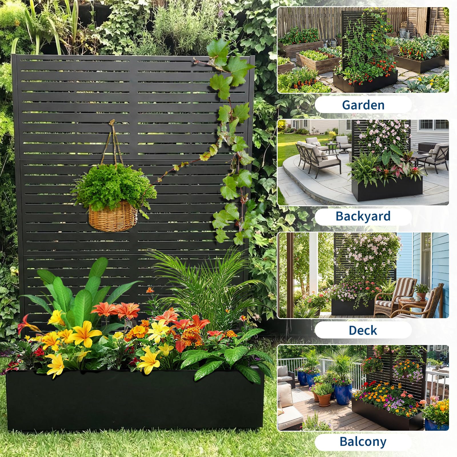 Condition photo showing New/Like New for garvee metal planter box with trellis, 70.1"x45"x15" raised garden beds with trellis for climbing plants vegetables, privacy screen planter box with drainage holes for patio balcony, black