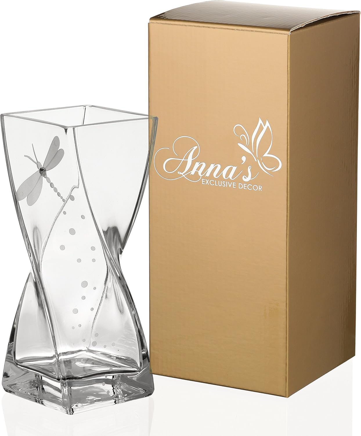 Dragonfly Vase - Handmade Glass Vase Decorated with Premium Crystal and Etched Dragonfly – Gift Boxed - Clear Mouth Blown Centerpiece, 7.9 in (20 cm)