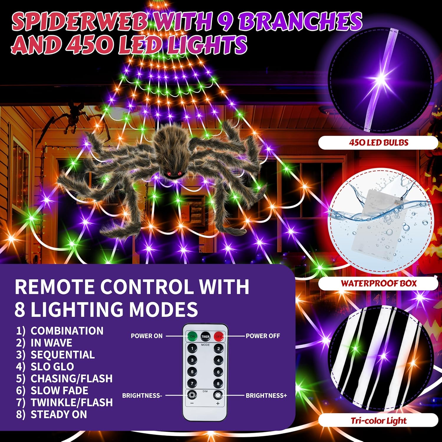 Halloween Spider Web Lights Giant Spider, 16.4Ft 450 LED Lighted Spider Web with with 8 Lighting Modes Waterproof & Timer for Indoor Outdoor House Haunted Yard Decor, Purple &Orange &Green