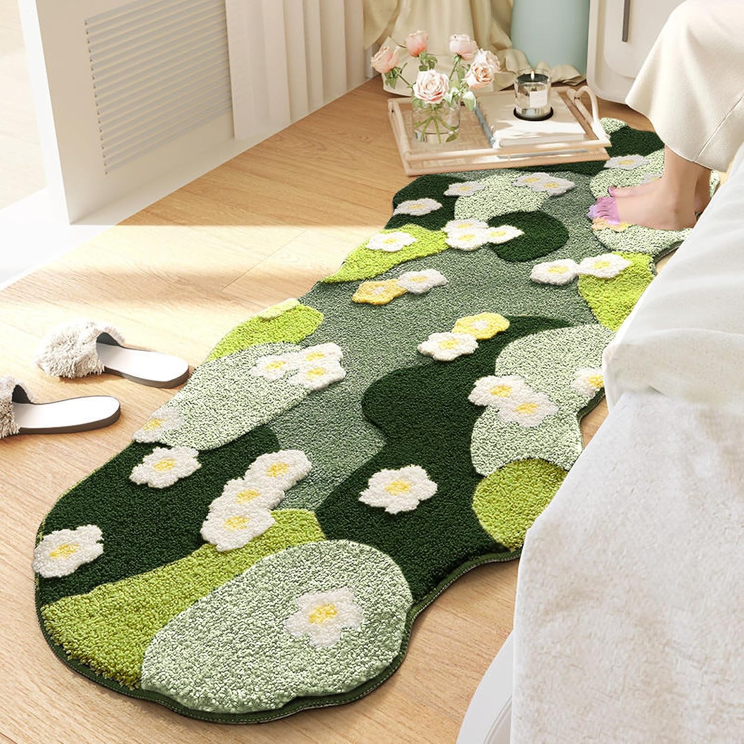 Cute Moss Flower Bath Mat, Green Bathroom Rug Washable Water Non Slip Ultra Soft Absorbent 3D Moss Carpet Moss Carpet Bed for Bathroom Bedroom Kitchen Living (Green, 2ftx4ft)