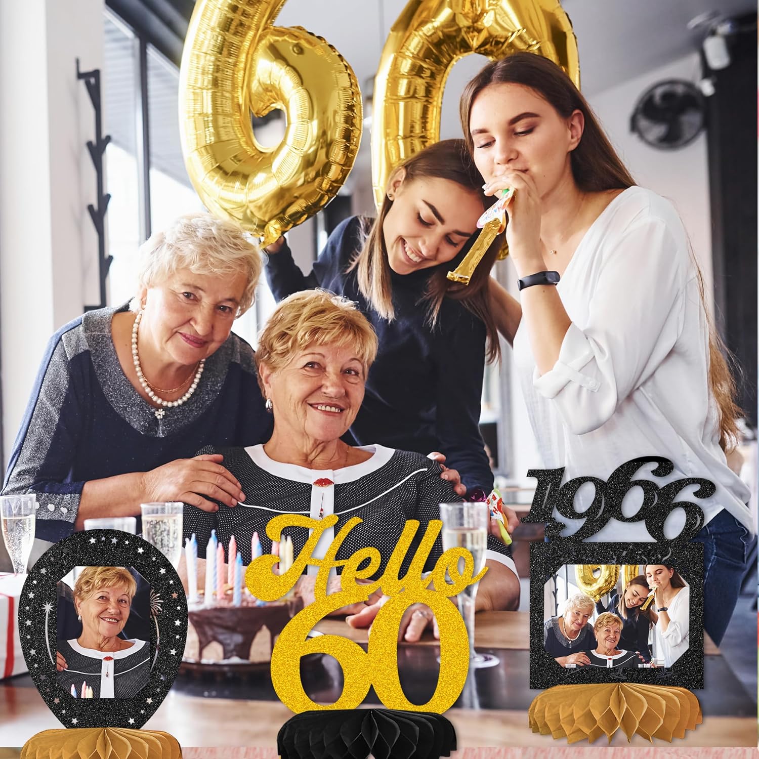 60th Birthday Decorations 8Pcs Black and Gold 1966 Birthday Table Decorations Photo Honeycomb Centerpieces for Women Men 60 Year Old birthday Table Decorations Party Supplies - Image 6