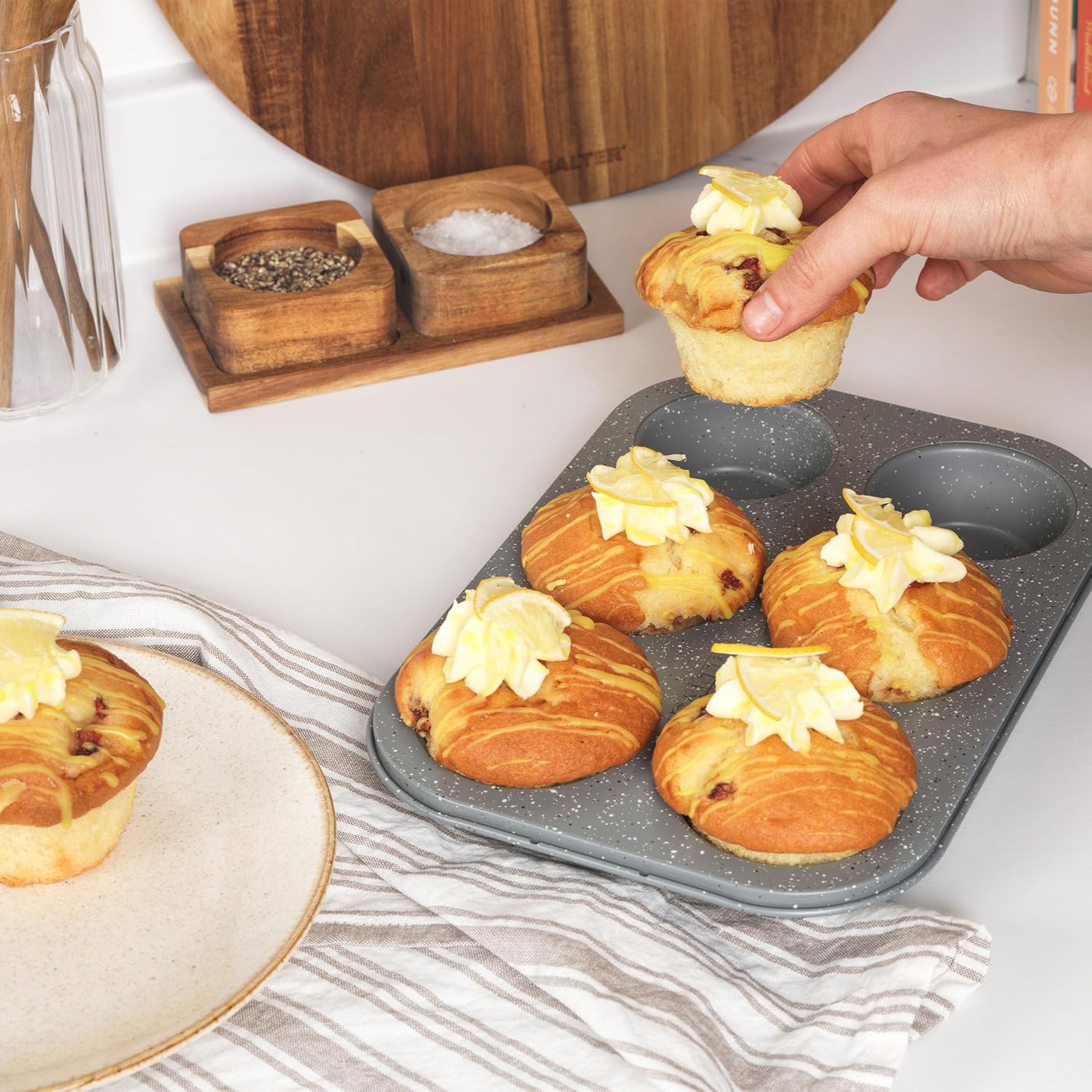 Salter BW02778G Marble Collection Carbon Steel 6 Cup Muffin Baking Pan, Perfect for Cupcakes, Tarts and Mini Quiches, 27 cm, Non-Stick, Grey