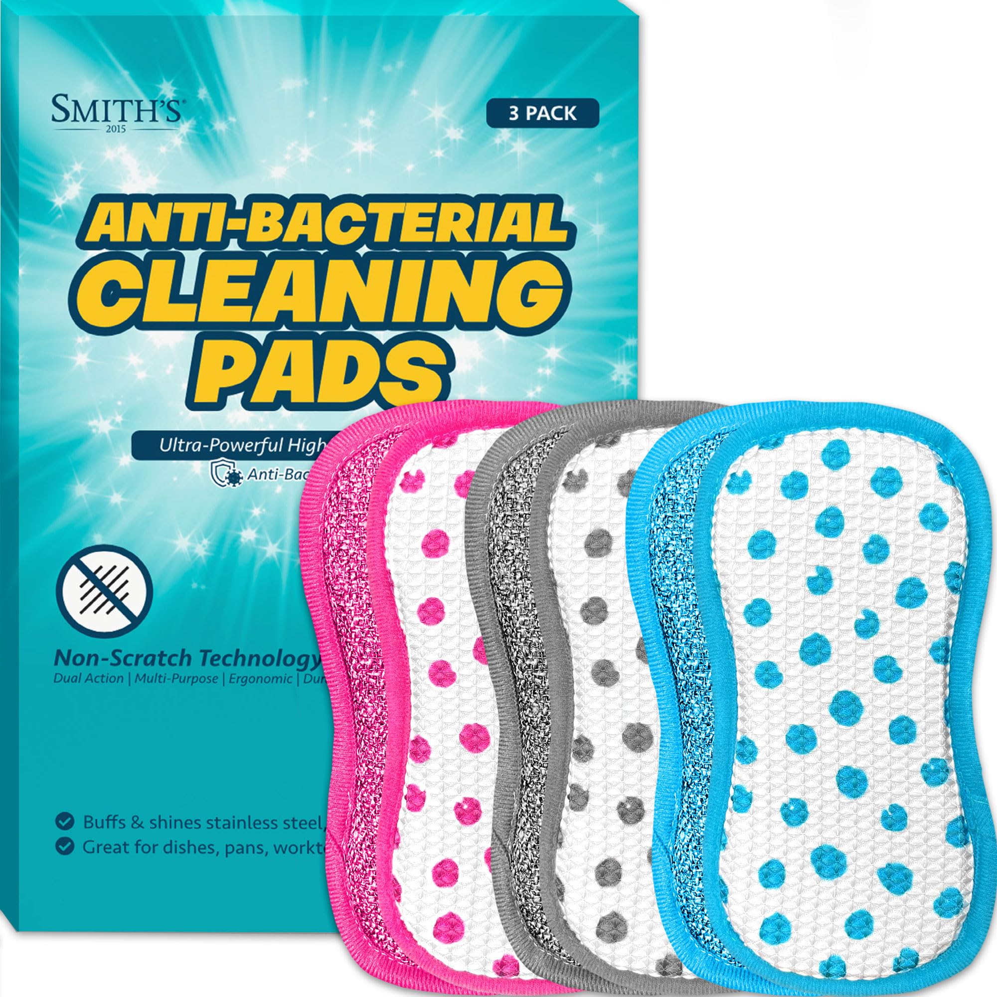 Anti-Bacterial Cleaning Pads by Smith’s® | 3 Pack | Dual-Sided Dish & Multi-Surface Cloth | For Home, Kitchen, Bathroom | Reusable | Non-Scratch | Long Lasting