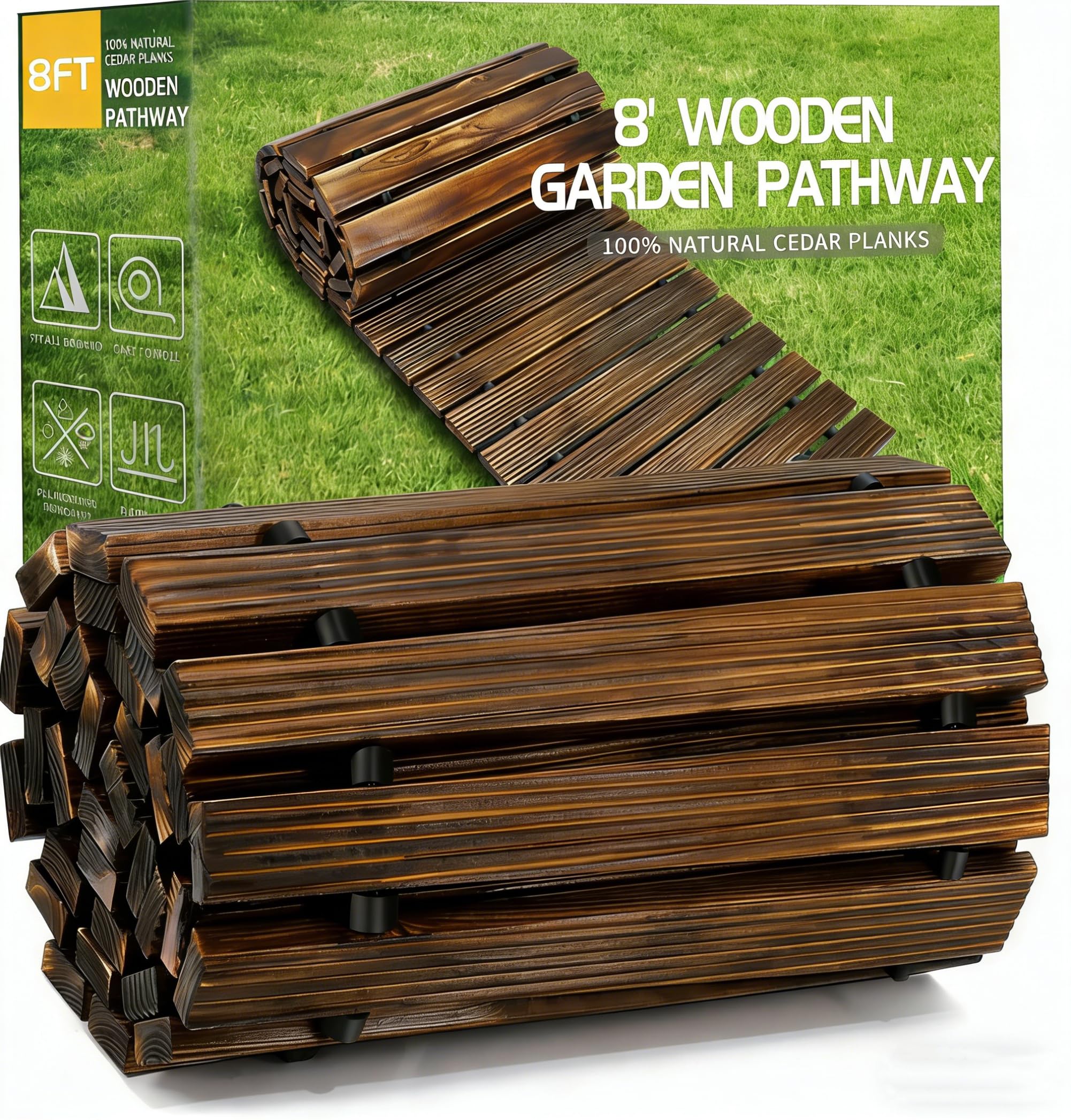 Camino de jardín enrollable, camino de jardín de madera, resistente a la intemperie para patios al aire libre, pasarela de madera dura enrollable de 17 pulgadas de ancho (marrón oscuro, 8 pies rectos)
