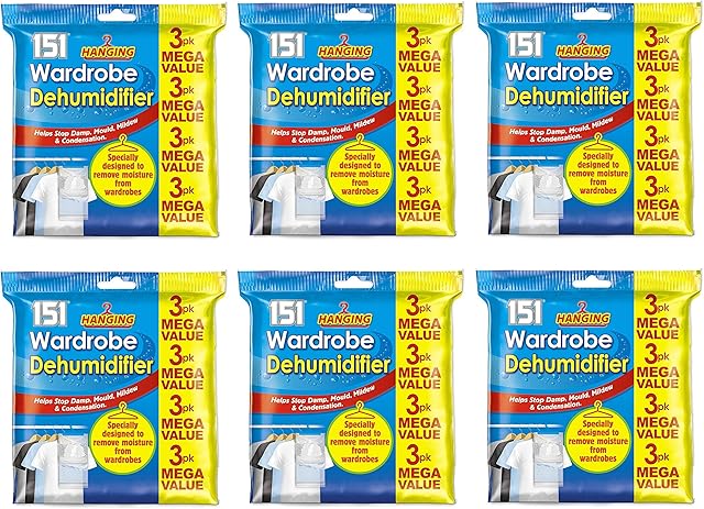 Hanging Wardrobe Dehumidifier Helps Stop Mould, Damp, Mildew, Moisture and Condensation (6 x 3pk)