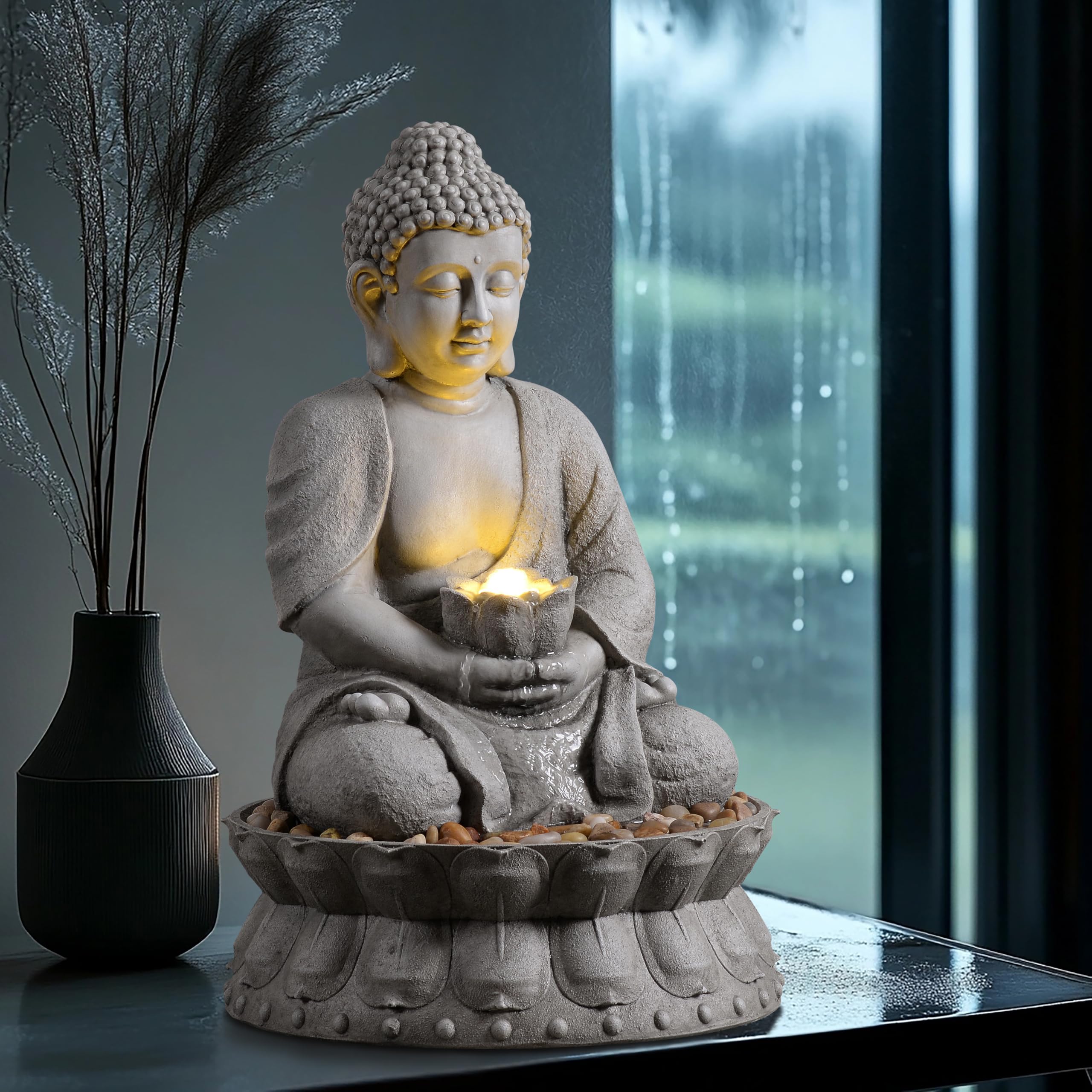 Fontaine à eau de Bouddha d'extérieur Zen avec lumière LED pour jardin, décoration d'intérieur, statue de Bouddha relaxante avec base lotus, pour femme