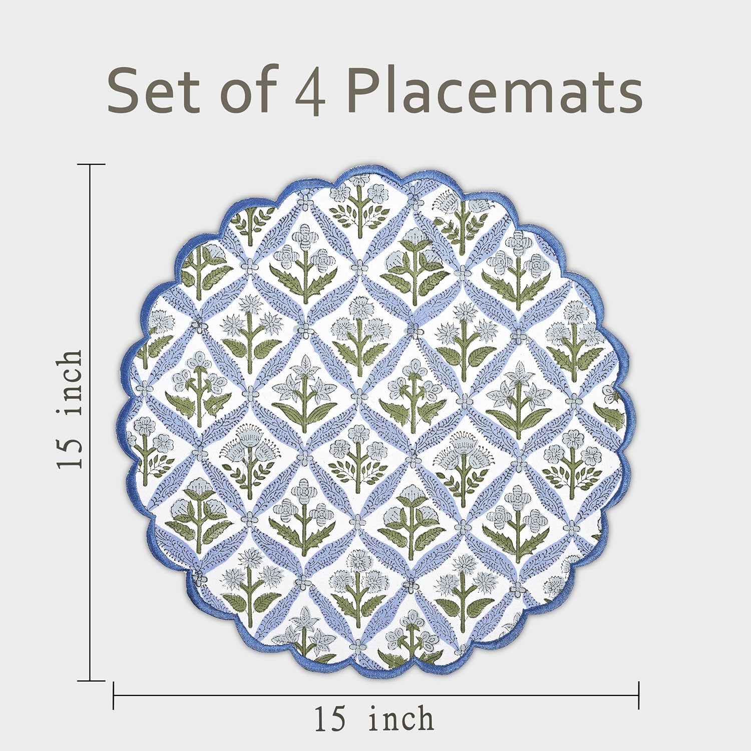 Ridhi Bo-ho Round Place Mat Easter Floral Cotton Washable Placemats 15" Round Embroidery Block Print Table Mat (Pack of 4-15 Inch Round, Light Steel Blue)