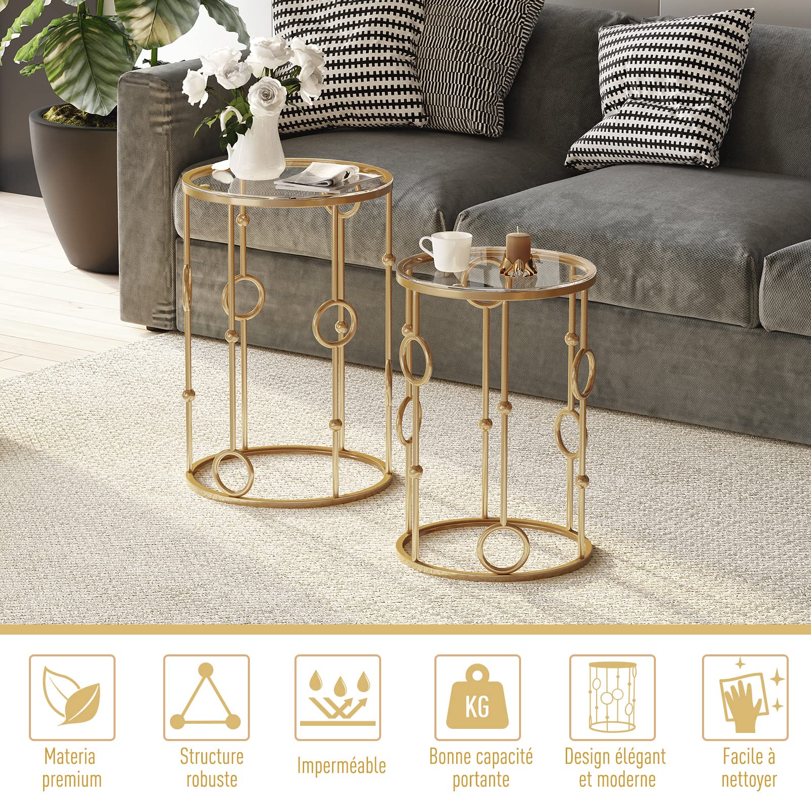 HOMCOM Tables gigognes Lot de 2 Tables Basses Rondes Design Style Art déco Ø 41 et Ø 36 cm métal doré Verre trempé 5 mm