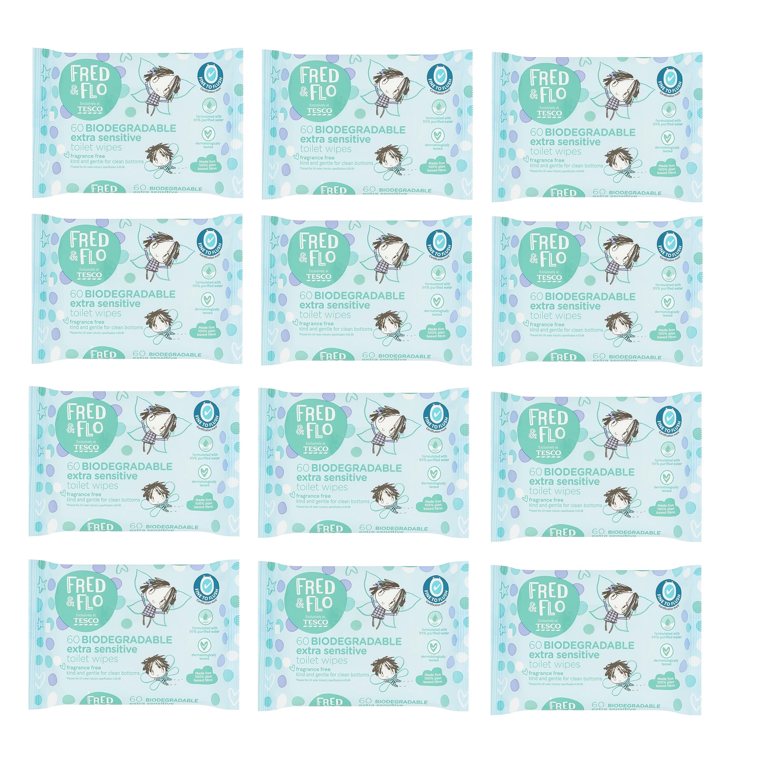 12x Fred & Flo Toilet Training Wipes Fragrance Free 60 Pack