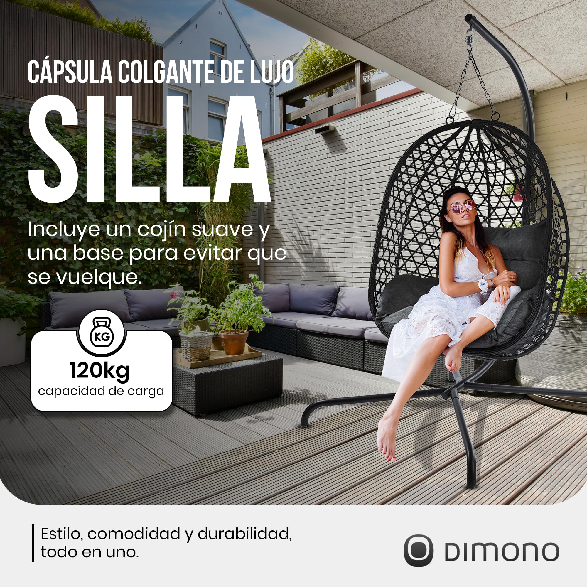 Silla Colgante con armazón; Tumbona suspendida de ratán para Exteriores e Interiores; Columpio Huevo Ideal para jardín, terraza, rincón de Lectura. Capacidad de Carga de 120 kg (Negro)