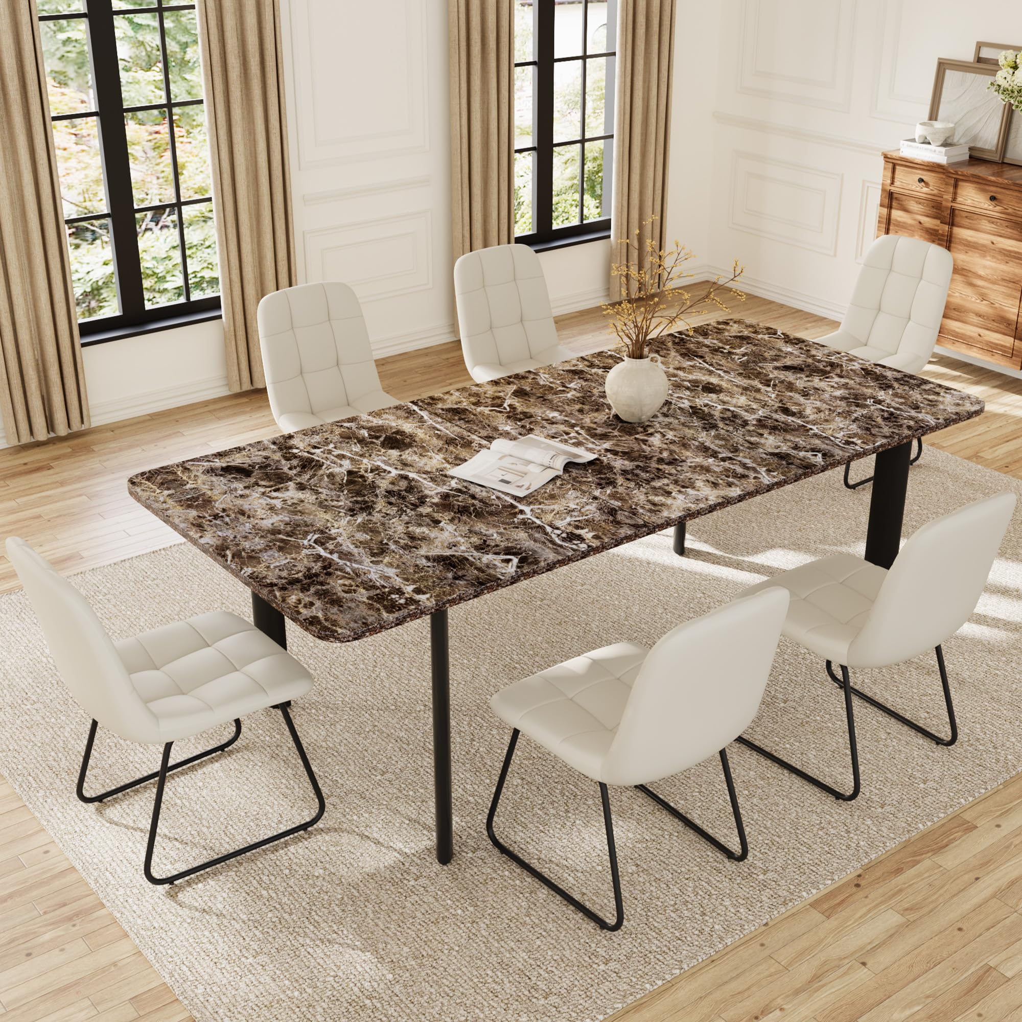 Extendable Dining Table Set for 6-8 People, 63 to 78.7 Inch MDF Kitchen Table with 6 Upholstered Chairs, Space-Saving for Dining Room, Breakfast Nook (Brown Table & 6 White U-Shaped Chairs)