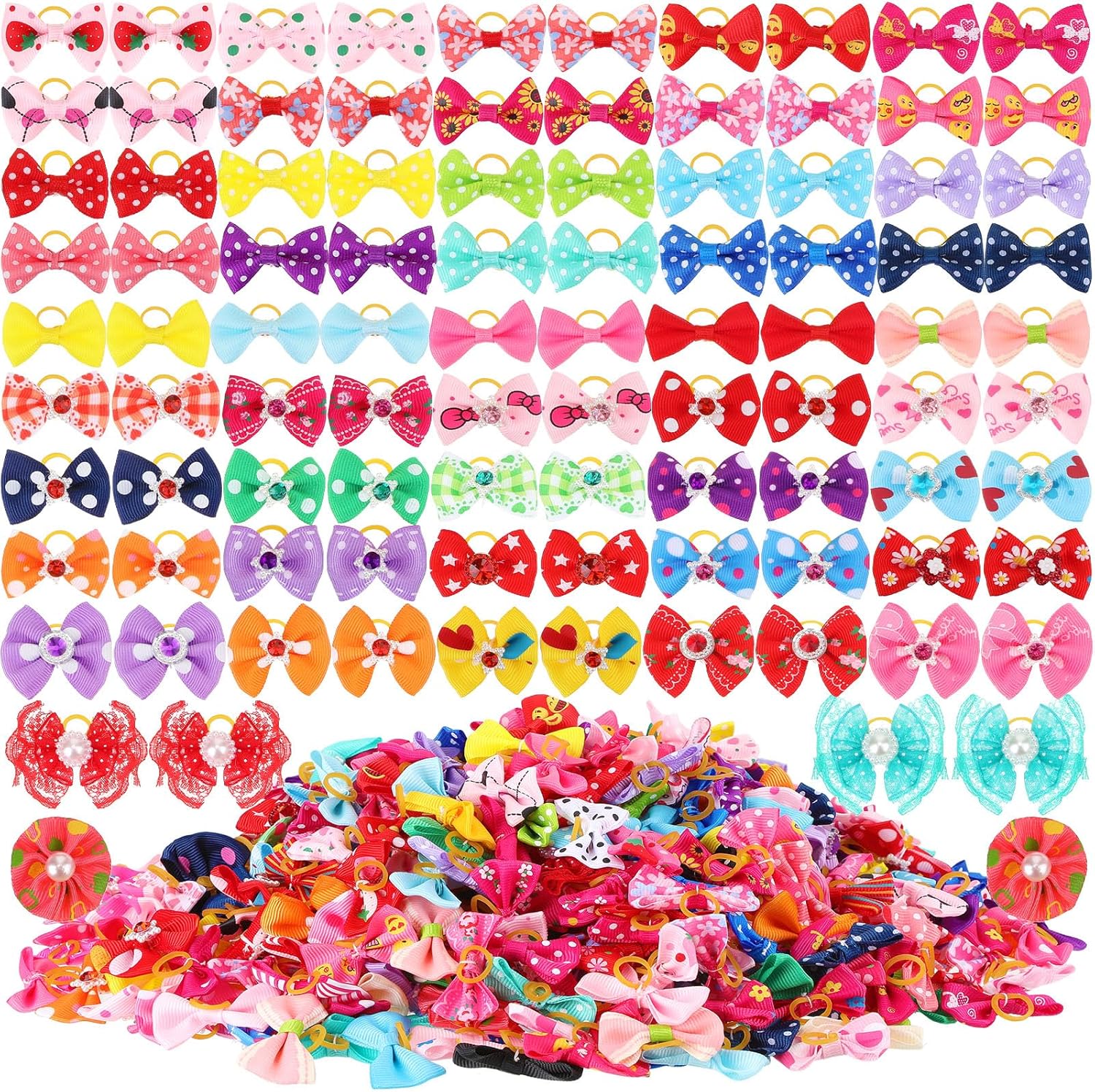 meekoo 500 Pcs Dog Hair Bows Bulk Spring Dog Grooming Hair Bows with Rubber Band Small Puppy Cute Accessories Multicolor Bowknot for Puppies Pets Gift