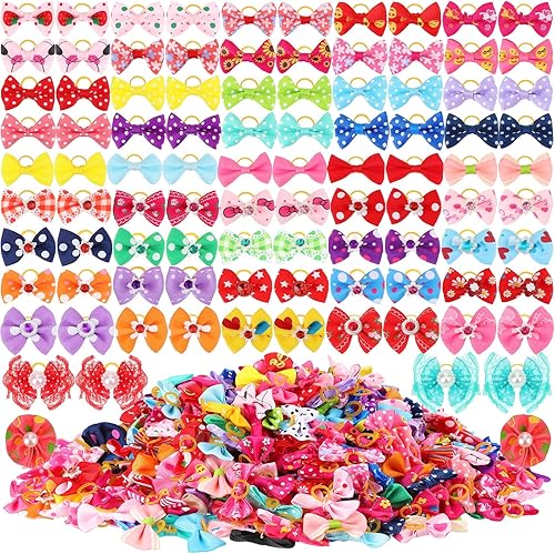 meekoo 500 lazos para el pelo de perro, lazos para el pelo de primavera a granel para perros con banda de goma, accesorios lindos para cachorros,