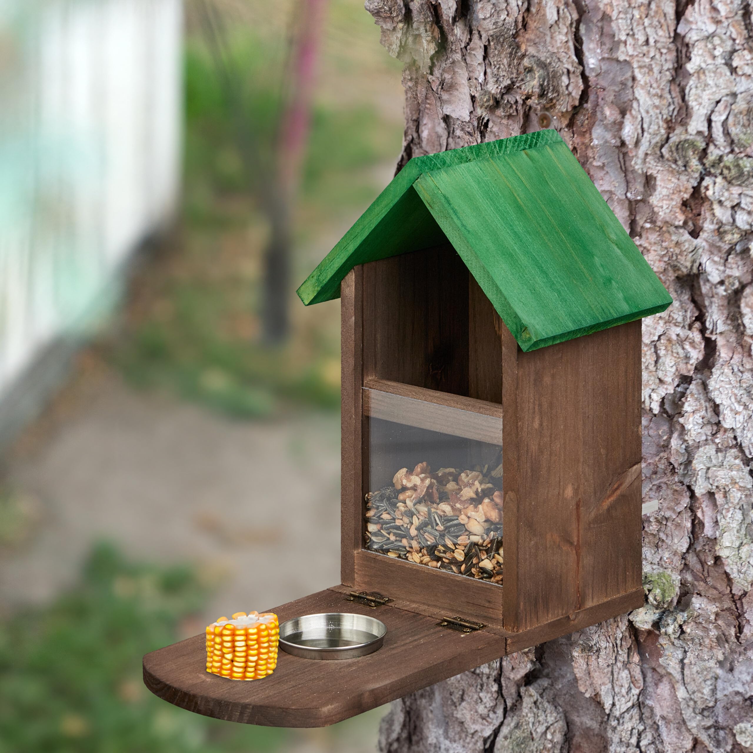 Relaxdays Mangiatoia per Scoiattoli, Casetta in Legno da Appendere, con Ciotola Acqua, HLP 28x17x28,5 cm, Marrone Verde