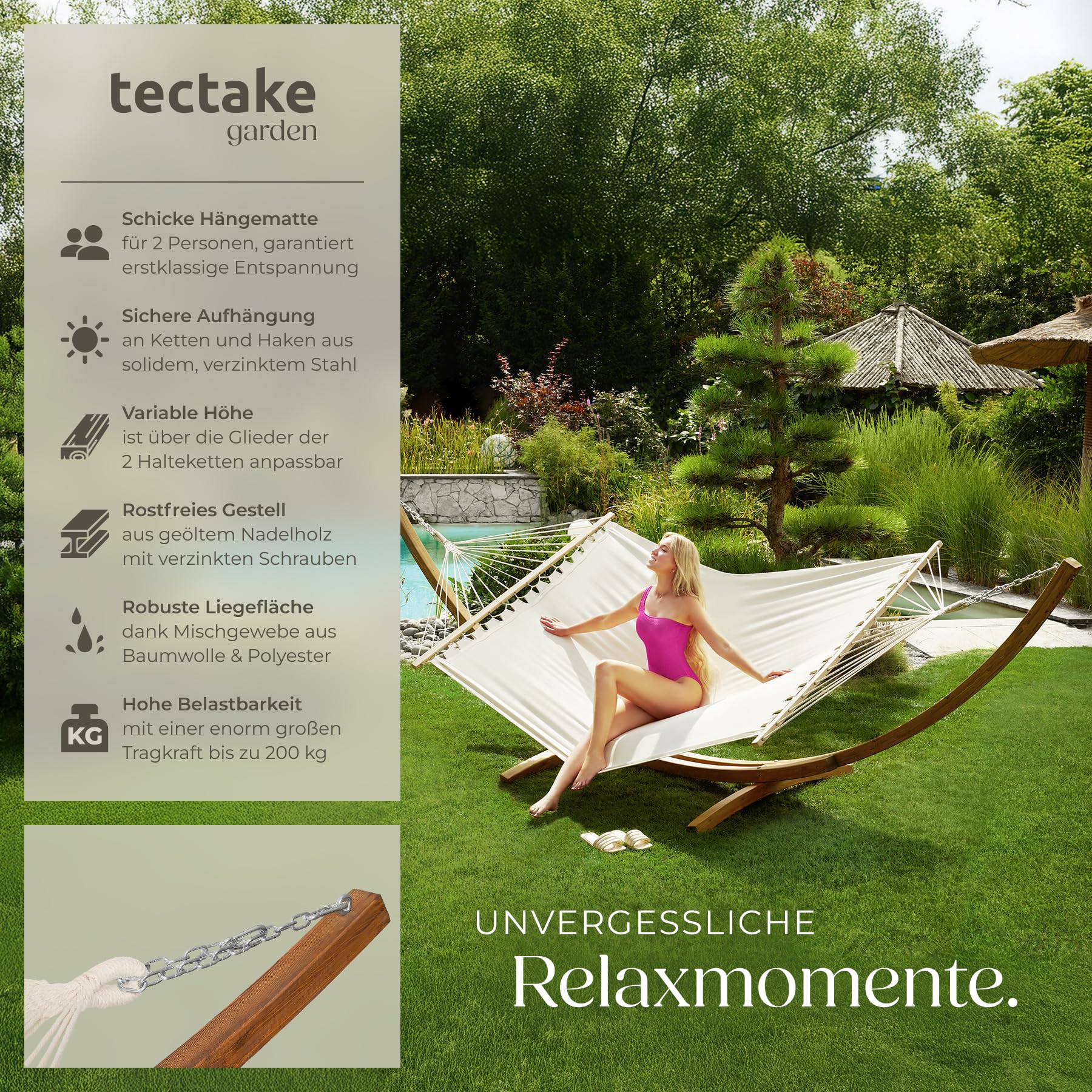 tectake® XXL Outdoor Hängematte für 2 Personen, Doppelliege mit Gestell, Liegefläche 205x150 cm, Belastbarkeit max. 200 kg, Gartenschaukel, Möbel für Balkon, Garten und Terrassen